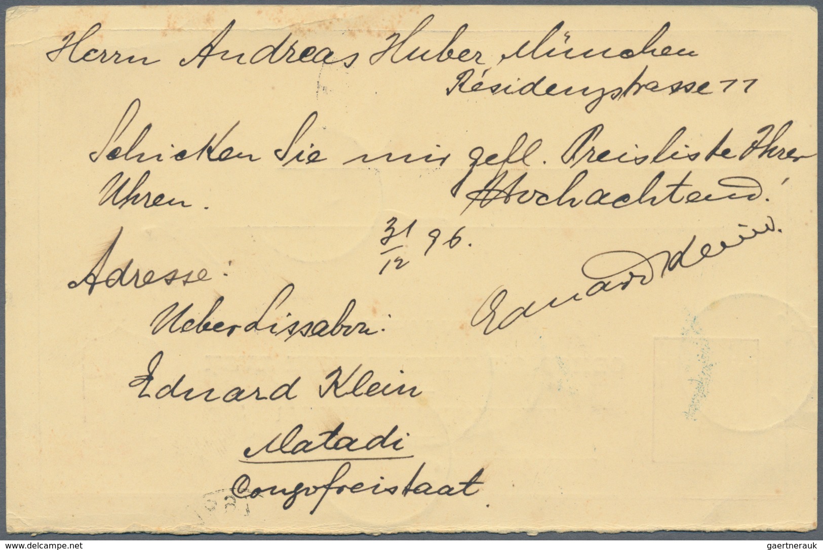 Belgisch-Kongo: 1892 Sender Part Of Postal Stationery 15+10c. Double Card Used From Matadi To German - Andere & Zonder Classificatie