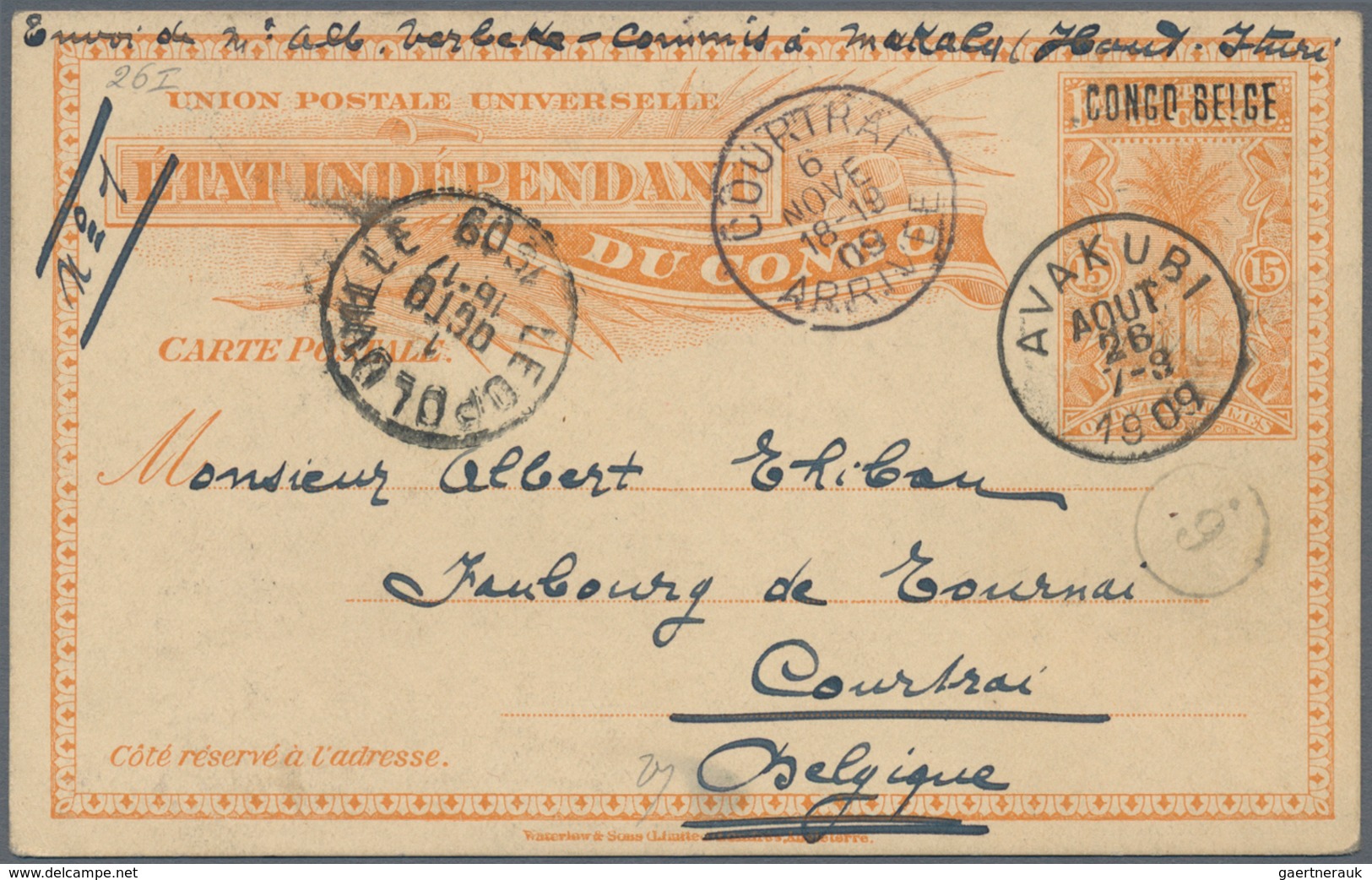 Belgisch-Kongo: 1908 Postal Stationery Card 15c., Surcharged "CONGO BELGE", Used From Makala To Cour - Sonstige & Ohne Zuordnung