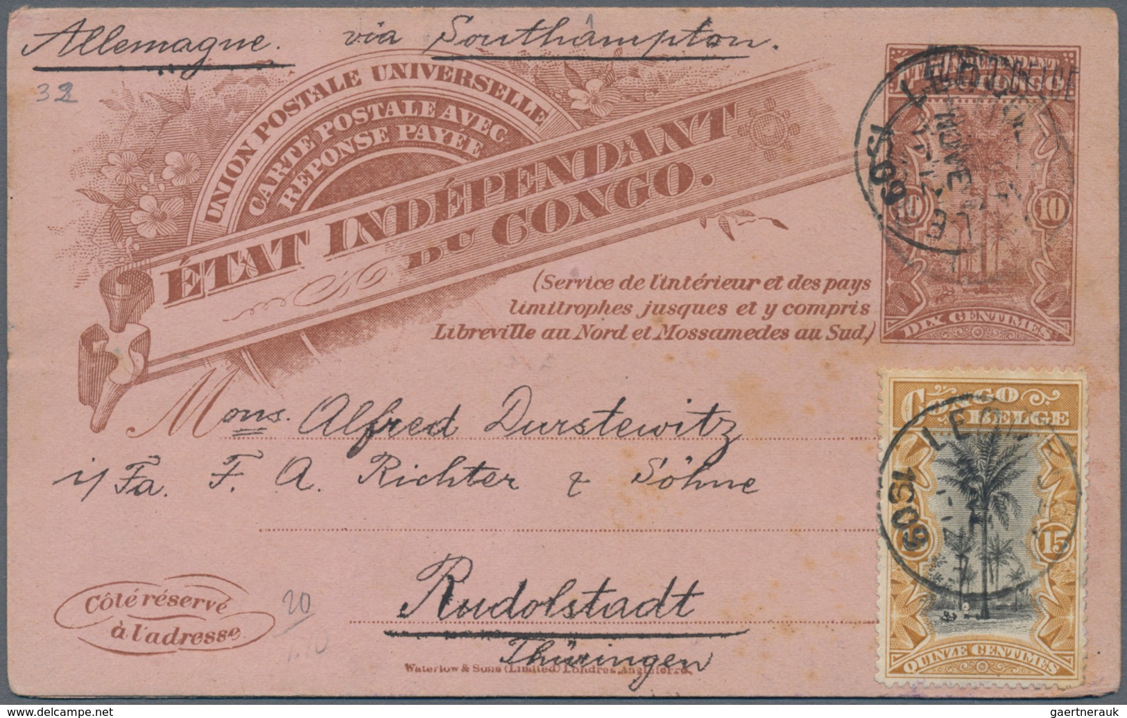 Belgisch-Kongo: 1908 Postal Stationery Double Card 10+10c. Brown/green, Surcharged "CONGO BELGE", Us - Other & Unclassified