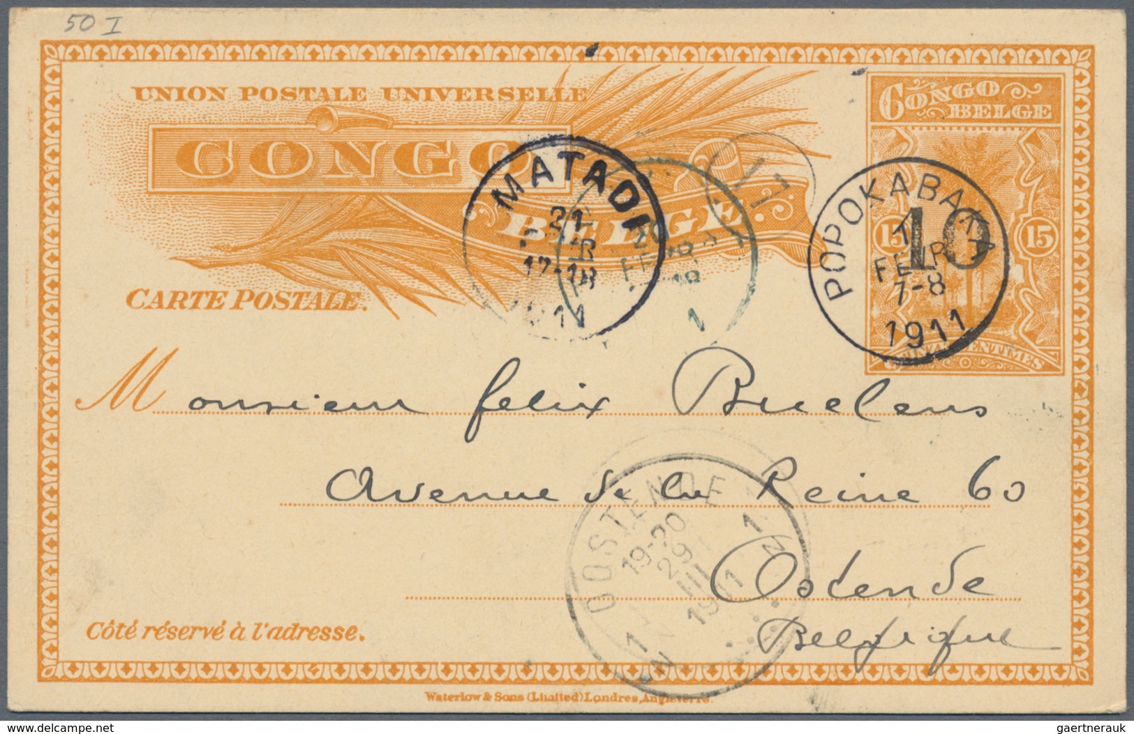 Belgisch-Kongo: 1910 Postal Stationery Card 10 On 15c. Orange Used From A Small Place (sender's Note - Other & Unclassified