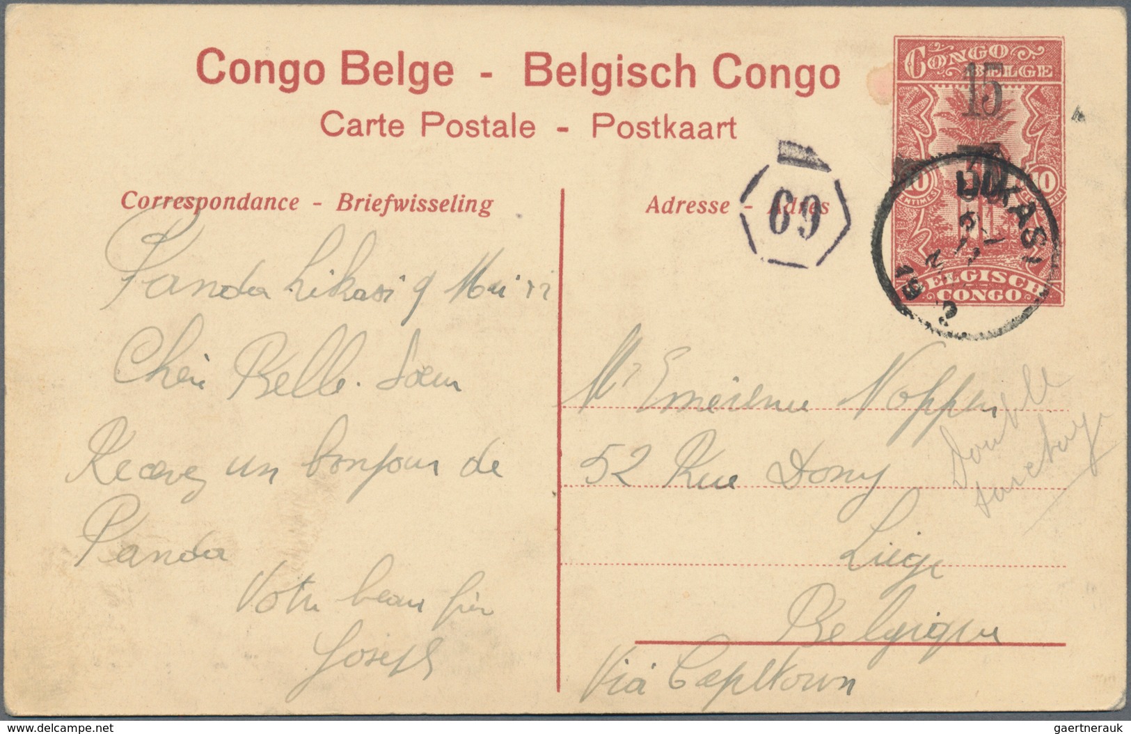 Belgisch-Kongo: 1922, 10 C Red Picture Psc (Pirogues Sur L'Uele) With Surcharge "15" Besides Double - Sonstige & Ohne Zuordnung