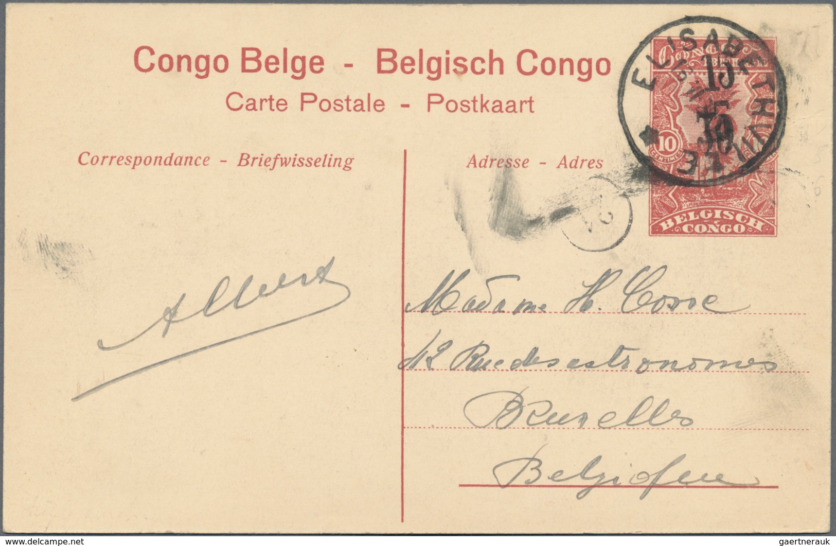 Belgisch-Kongo: 1922, 10 C Red Picture Psc (Leopoldville - Les Bassins) With Triple Surcharge "15" + - Other & Unclassified