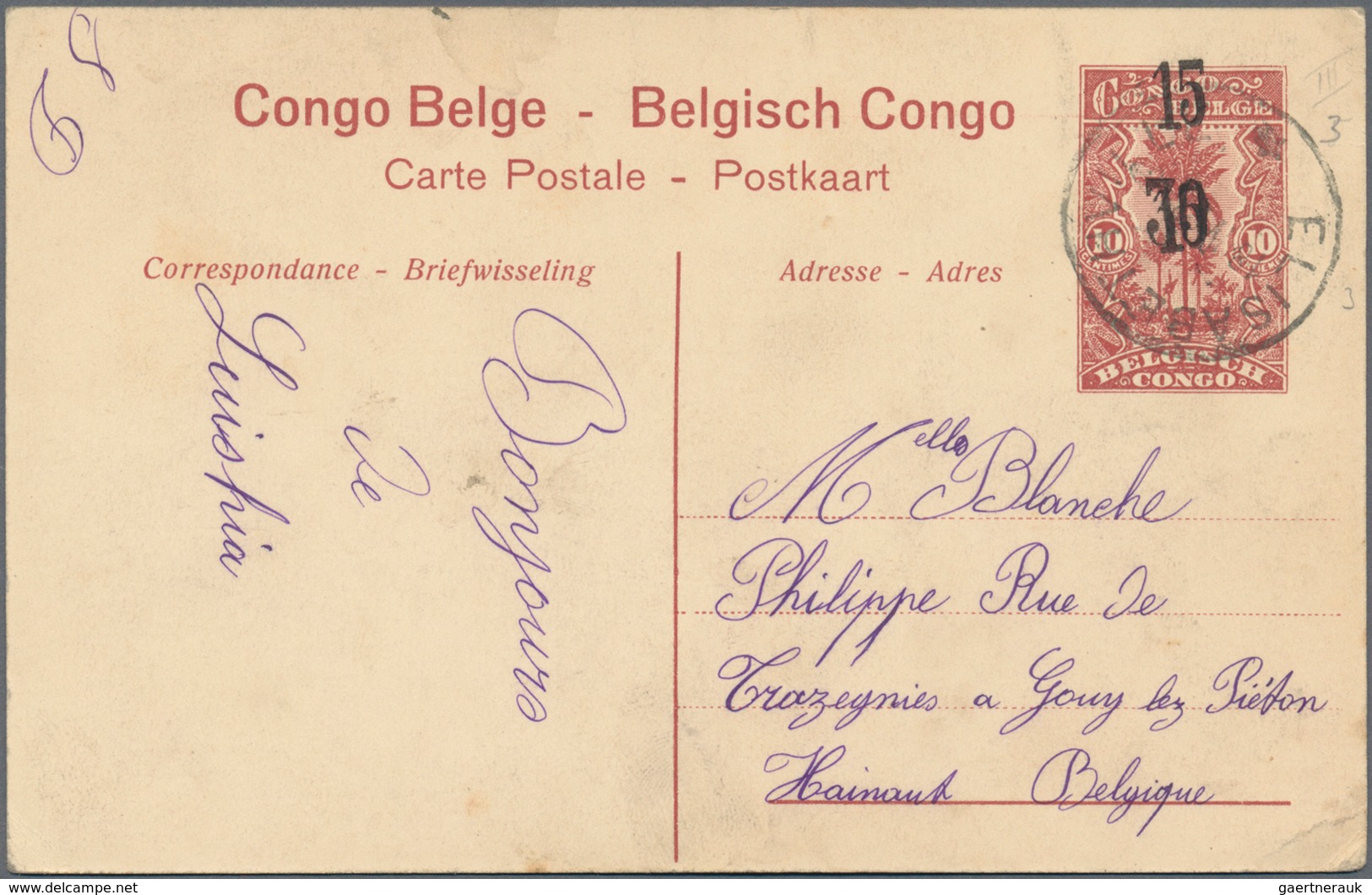 Belgisch-Kongo: 1922, 10 C Red Picture Psc (Types Bangala) With Double Surcharge "15" Besides "30", - Sonstige & Ohne Zuordnung