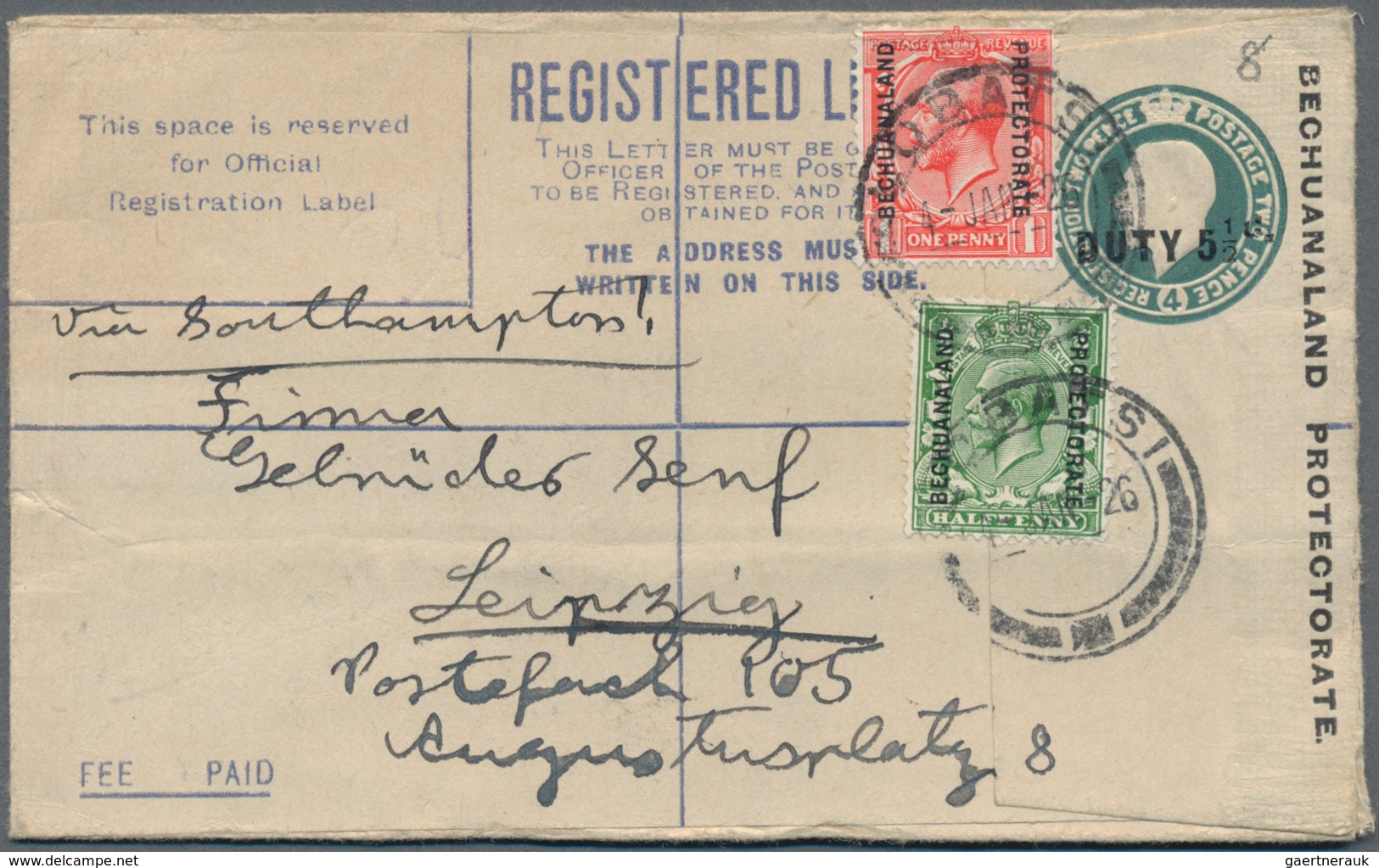 Betschuanaland: 1926 (4.1.), Registered Letter KGV 4d. Deep-green Optd. 'DUTY 5½d.' Uprated With KGV - 1885-1964 Herrschaft Von Bechuanaland