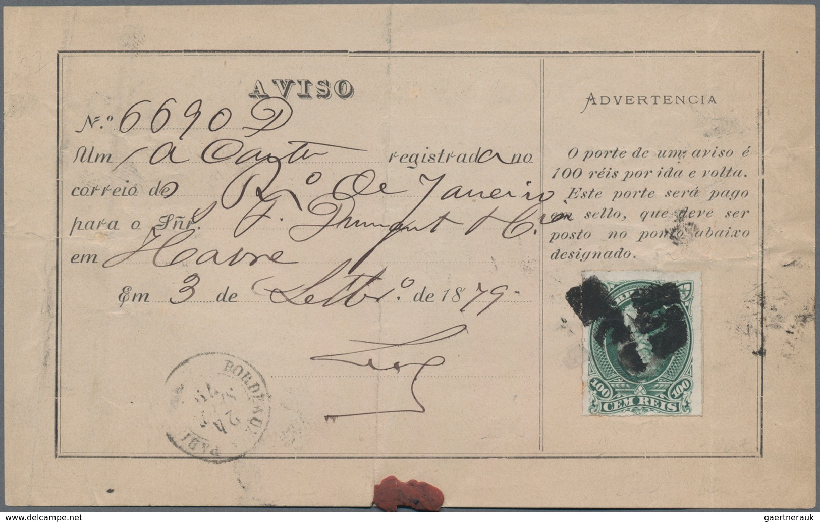 Brasilien: 1879, Avis De Reception, Dom Pedro 100r. Green Single Franking At Correct Rate On Receipt - Andere & Zonder Classificatie