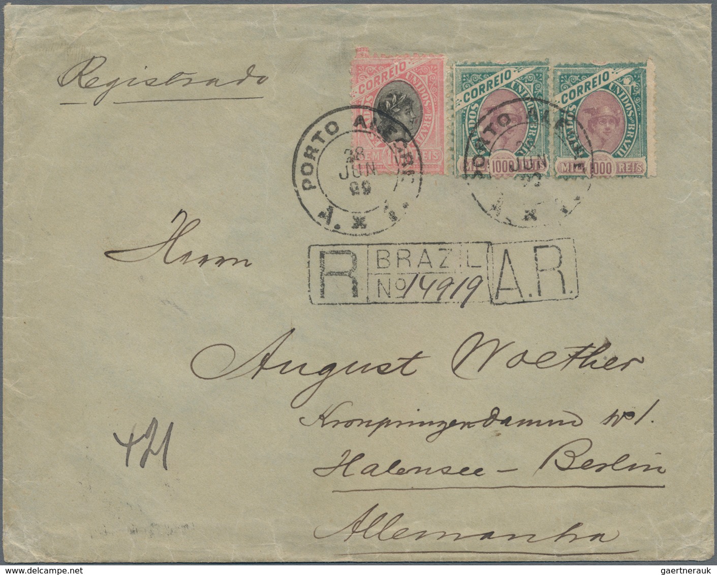 Brasilien: 1899, 100 R Rose/black And Two Items 1000 R Green/violet On Registered Letter From Porto - Other & Unclassified