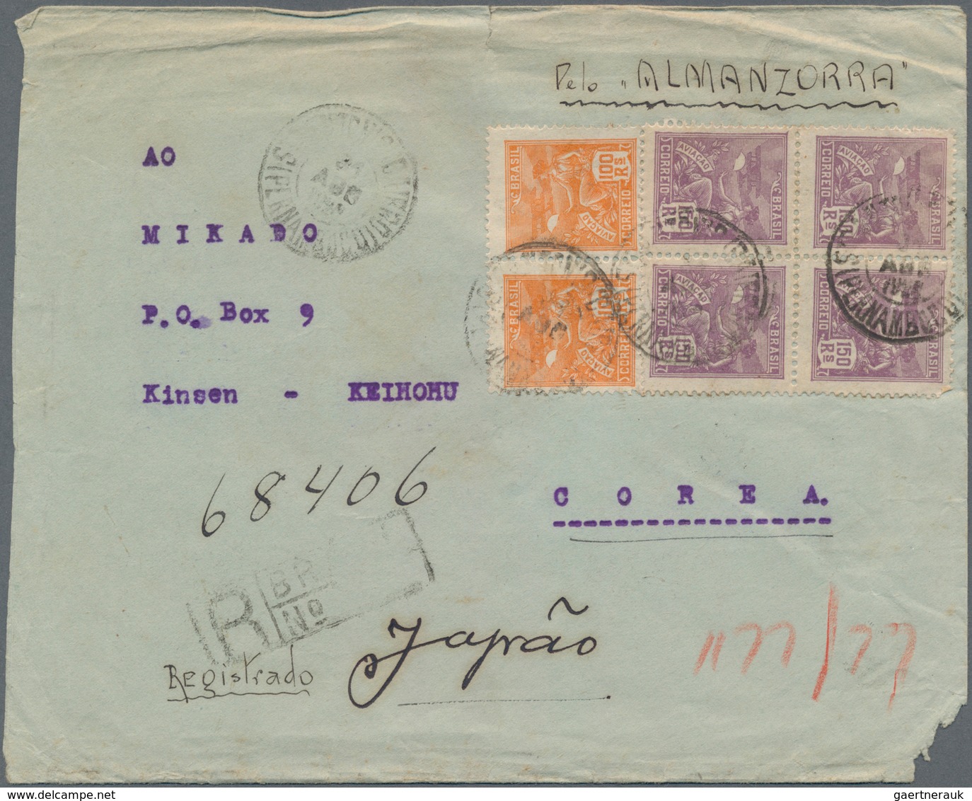 Brasilien: 1926/30, To Korea: Two Registered Covers From Pernambuco (endorsed "Pelo ALMANZORRA") Res - Other & Unclassified