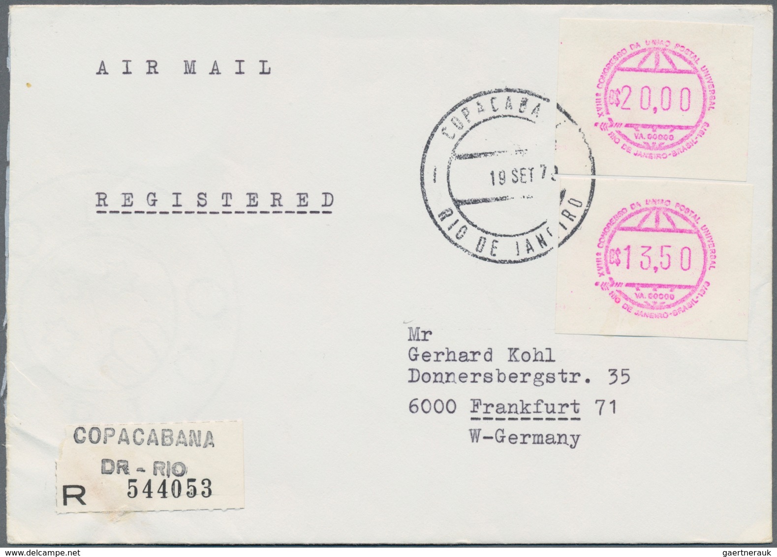 Brasilien - Automatenmarken: 1979, 15 Sep, UPU Congress, Two Covers From "RIO DE JANEIRO 19.9.79" To - Frankeervignetten (Frama)