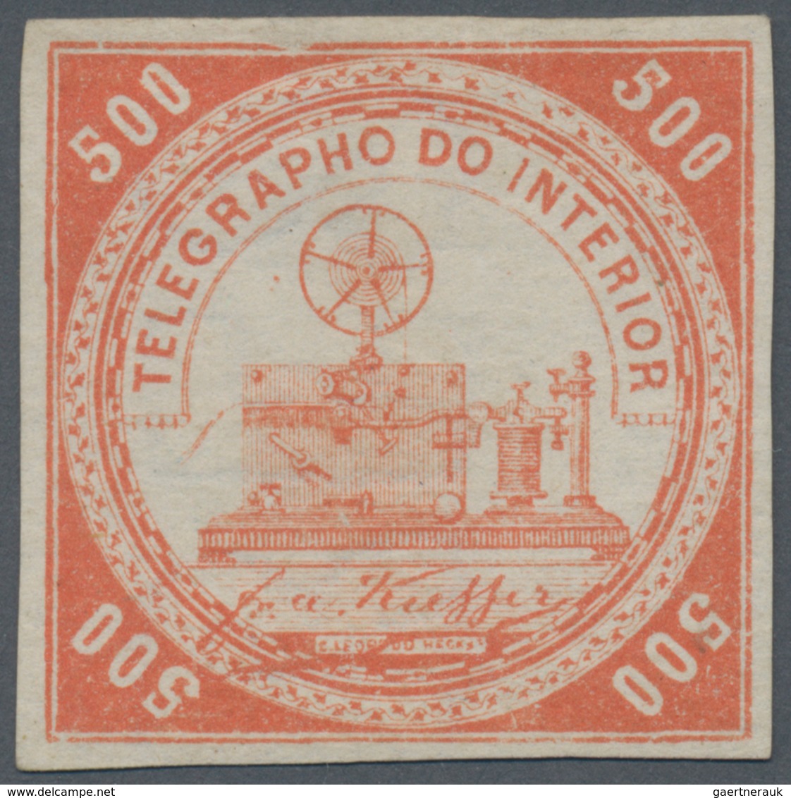 Brasilien - Telegrafenmarken: 1873, Telegrapho Do Interior, 500 Reis Vermilion With Very Rare Wmk "L - Telegraphenmarken