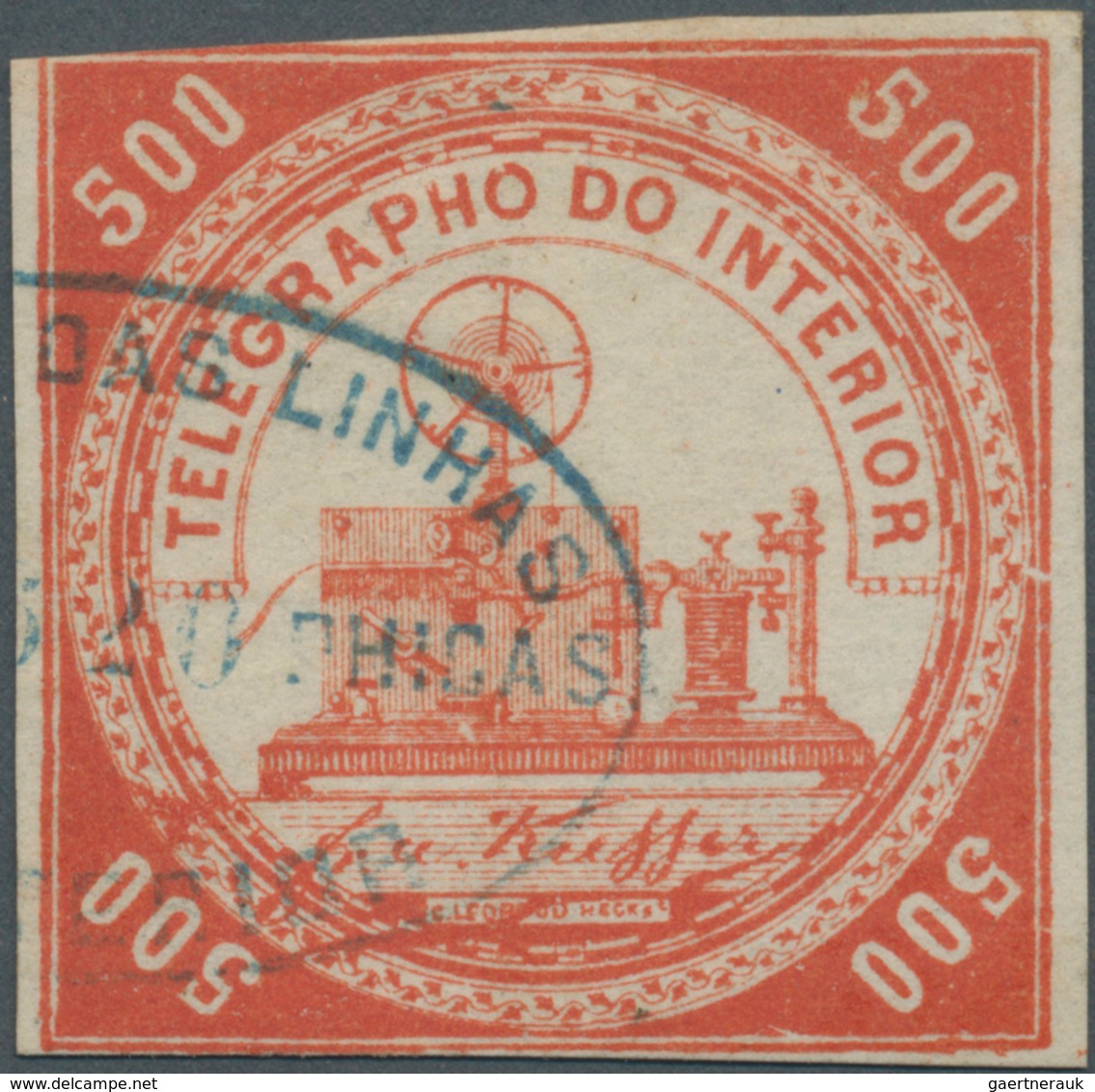 Brasilien - Telegrafenmarken: 1873, 500r. Vermilion, Wm "Lacroix Freres", Fresh Colour, Cut Into To - Telegraphenmarken