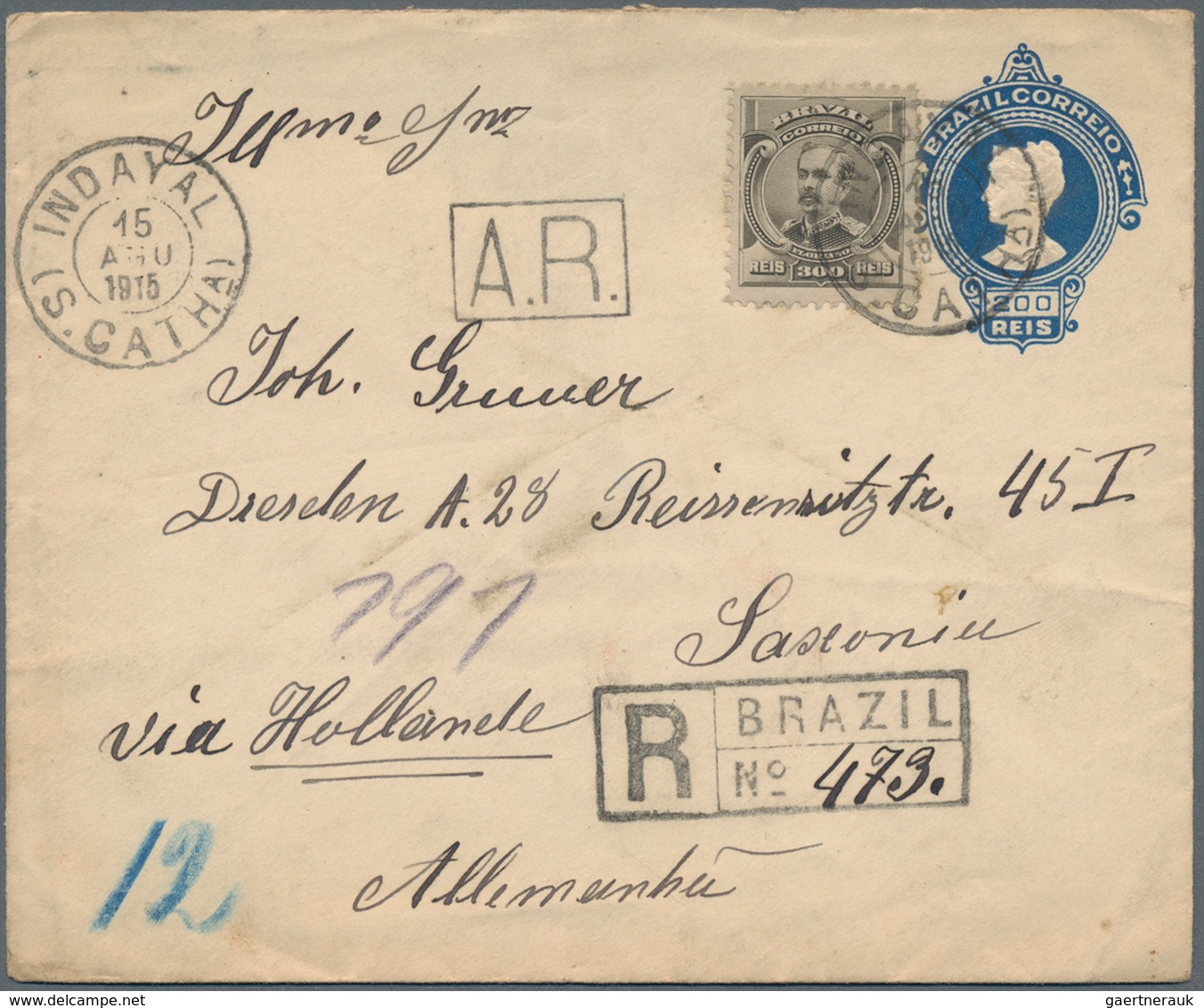 Brasilien - Ganzsachen: 1915/1921, Group Of Three 200 R Blue 'liberty Head' Postal Stationery Envelo - Postal Stationery