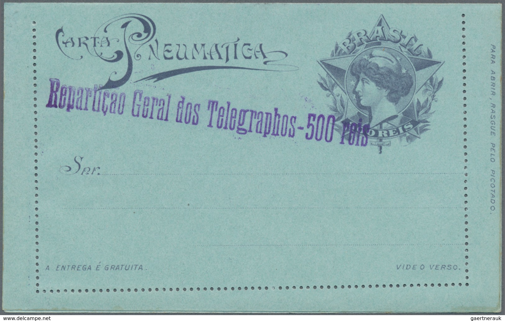 Brasilien - Ganzsachen: 1917, Stationery Letter Card "CARTA PNEUMATICA" 300 Reis With Violet Imprint - Ganzsachen