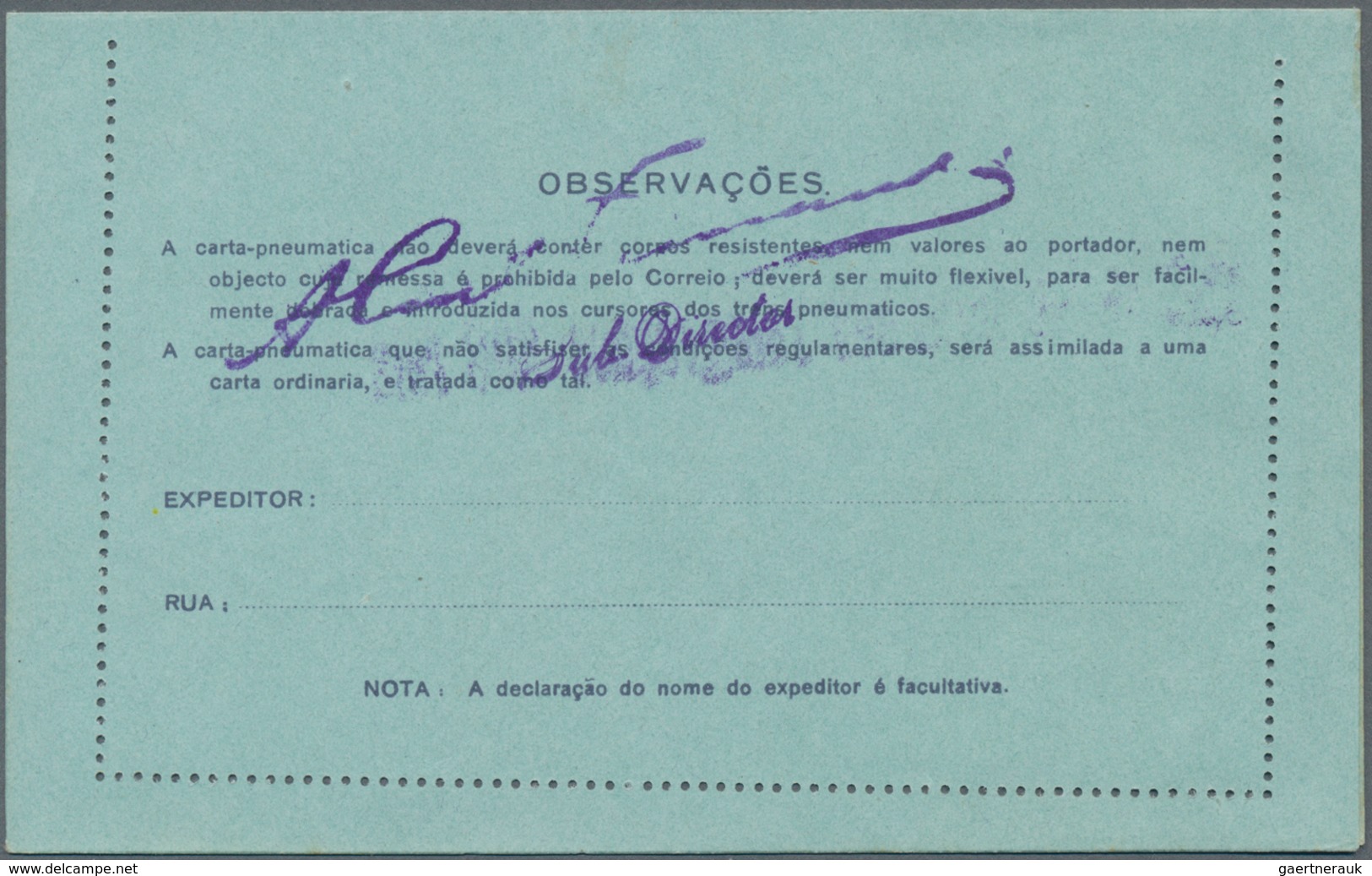 Brasilien - Ganzsachen: 1917, Stationery Letter Card "CARTA PNEUMATICA" 300 Reis With Violet Imprint - Postal Stationery