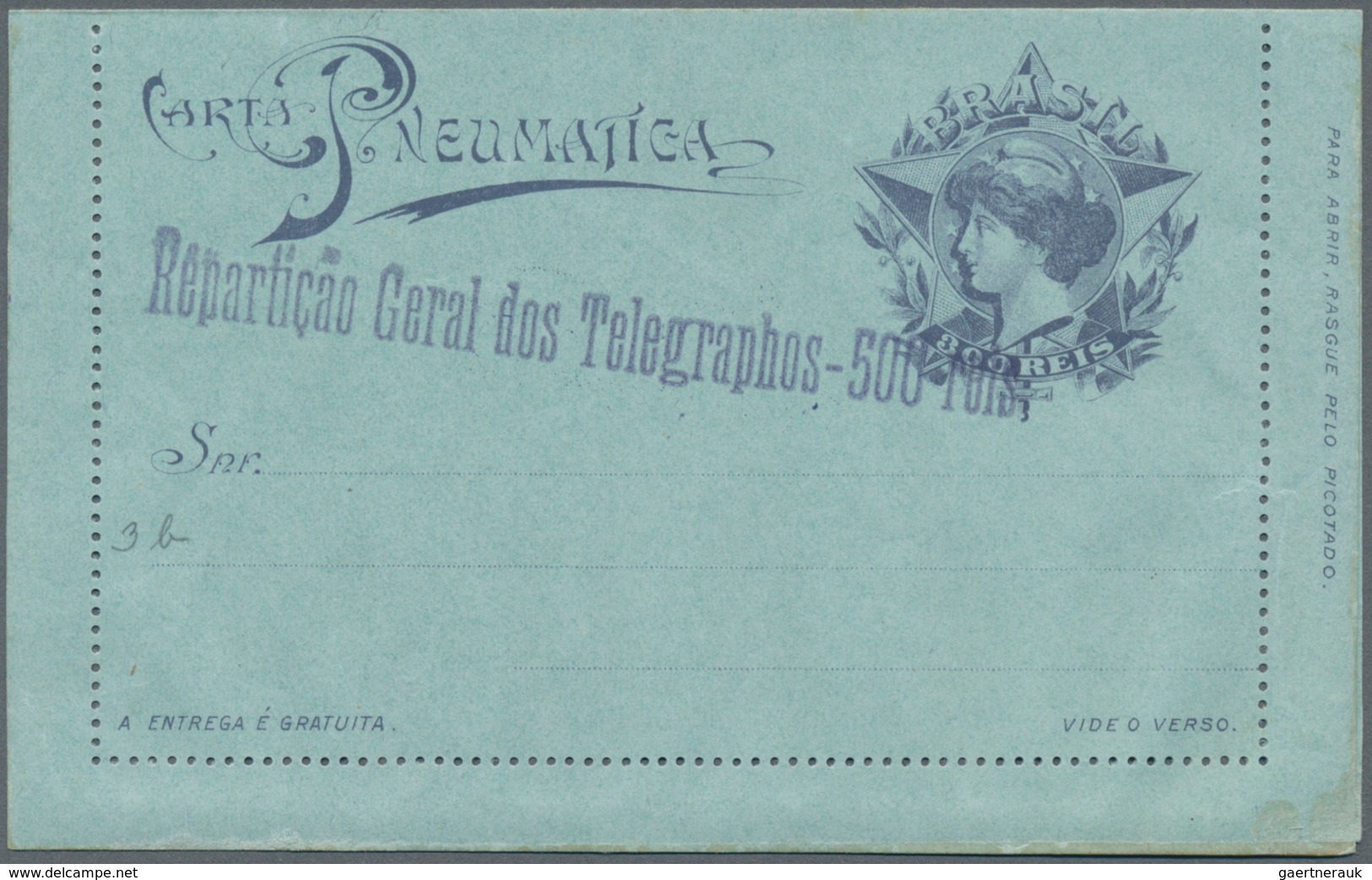 Brasilien - Ganzsachen: 1917, Stationery Letter Card "CARTA PNEUMATICA" 300 Reis With Violet Imprint - Ganzsachen