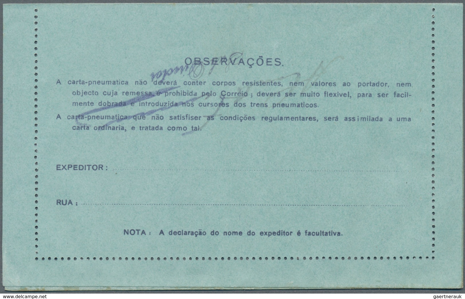 Brasilien - Ganzsachen: 1917, Stationery Letter Card "CARTA PNEUMATICA" 300 Reis With Violet Imprint - Ganzsachen