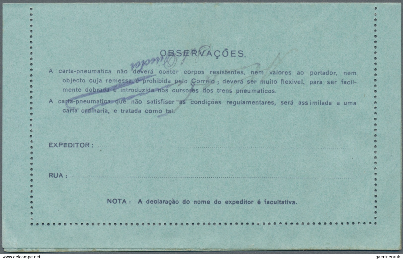 Brasilien - Ganzsachen: 1917, Stationery Letter Card "CARTA PNEUMATICA" 300 Reis With Violet Imprint - Postwaardestukken