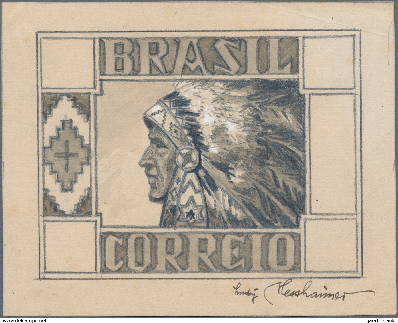 Brasilien - Besonderheiten: 1950 (ca.), "INDIAN CHIEF", Unaccepted Design In Pen And Ink On Heavy Pa - Other & Unclassified