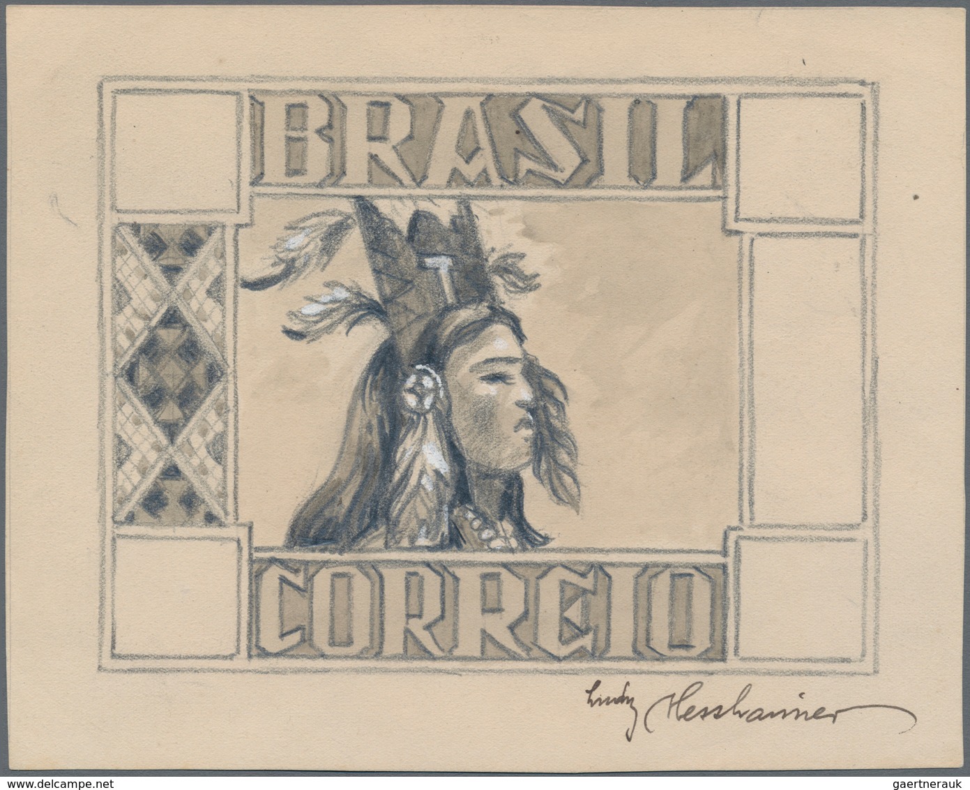 Brasilien - Besonderheiten: 1950 (ca.), "INDIAN", Unaccepted Design In Pen And Ink On Heavy Paper, S - Sonstige & Ohne Zuordnung