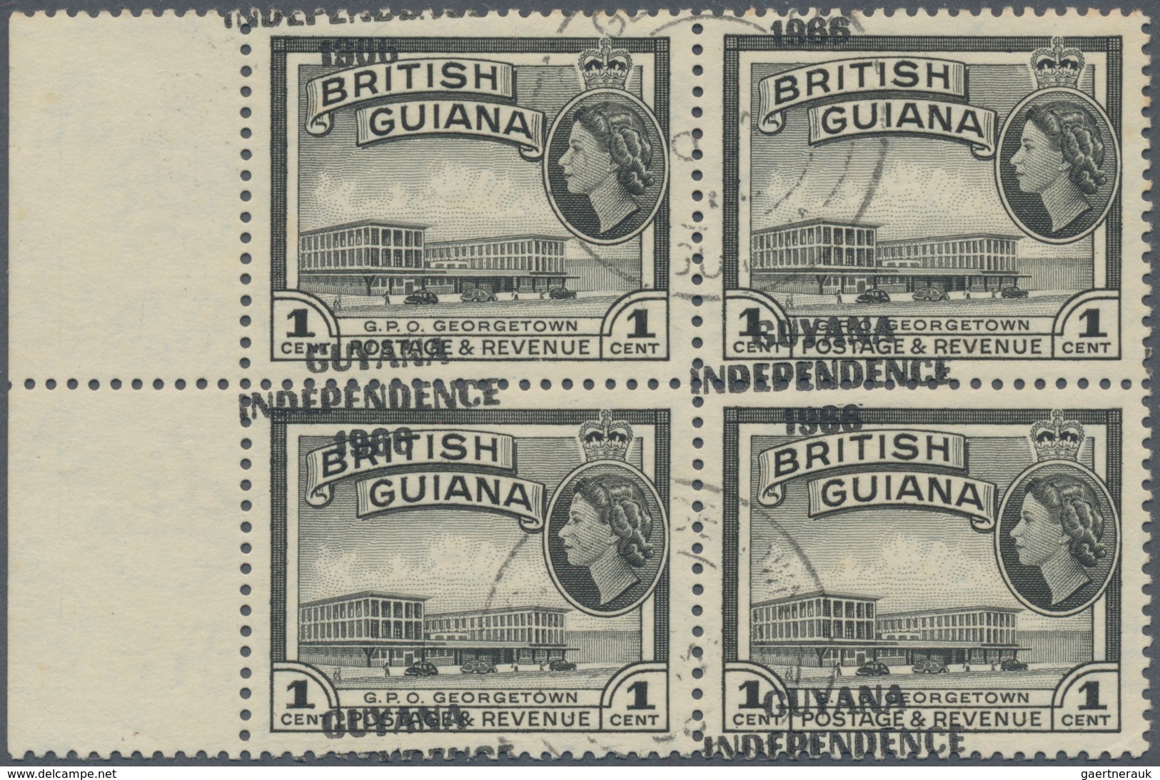 Britisch-Guyana: 1966, 1 C With WM Crown "CA" In Used Block Of Four With With Dramatic Shifted Overp - Britisch-Guayana (...-1966)