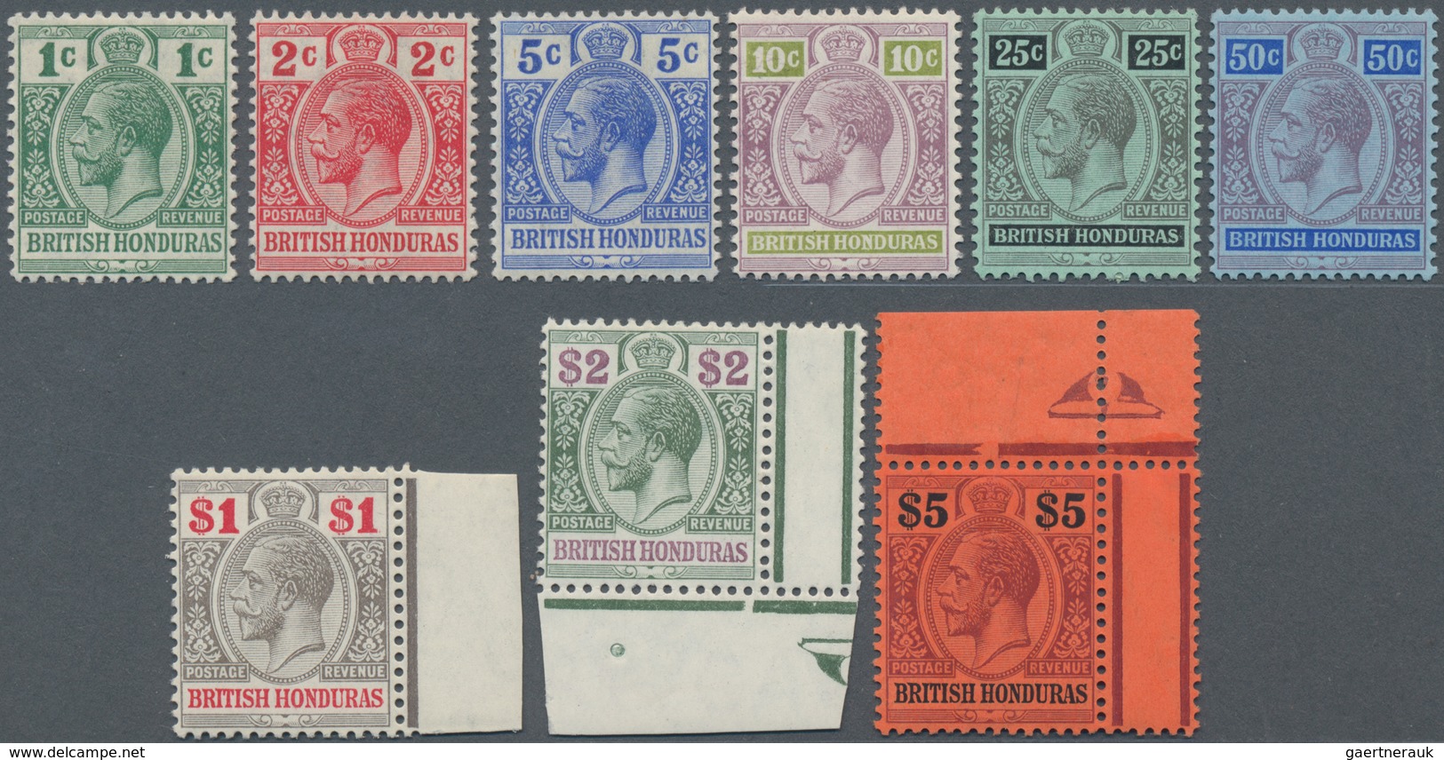 Britisch-Honduras: 1913, KGV Definitives Part Set Of Nine With Wmk. Mult. Crown CA (missing 3c. Oran - Brits-Honduras (...-1970)