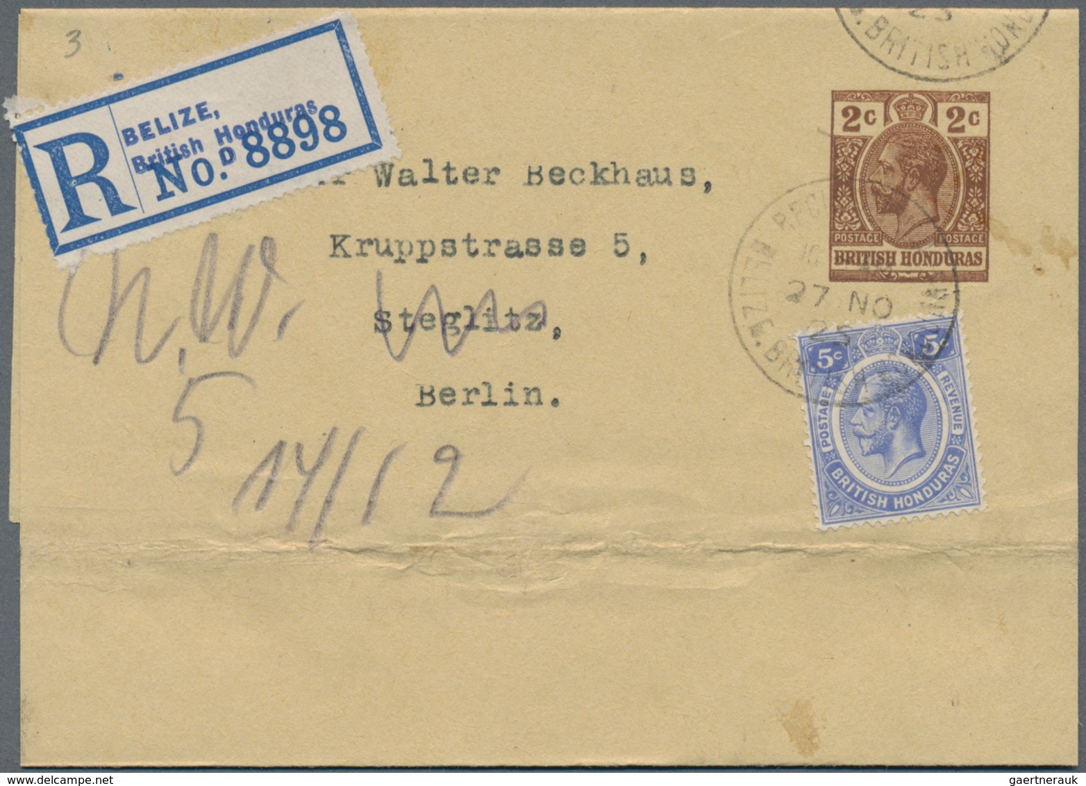 Britisch-Honduras: 1925 (27.11.), Wrapper KGV 2c. Brown Uprated With 5c. Ultramarine For Registered - Brits-Honduras (...-1970)