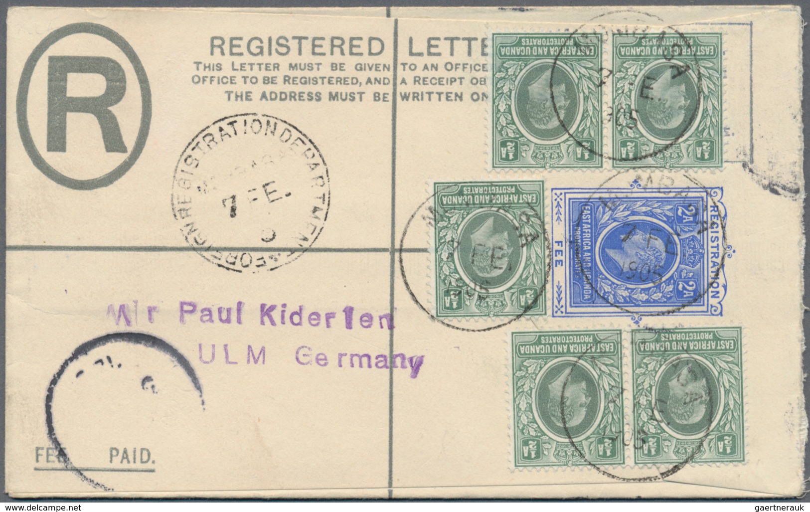 Britisch-Ostafrika Und Uganda: 1905 (7.2.), Registered Letter KEVII 2a. Blue Uprated With 5 X KEVII - East Africa & Uganda Protectorates