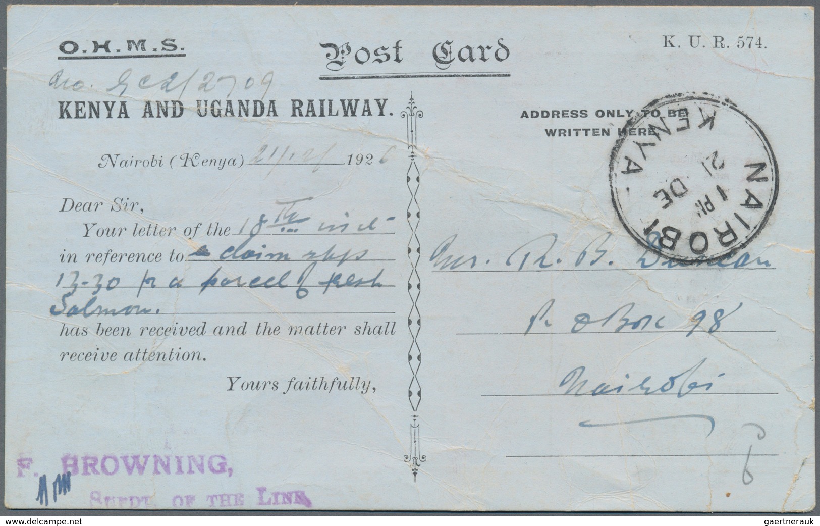 Britisch-Ostafrika Und Uganda: 1926 (21.12.), Stampless O.H.M.S. Postcard For 'Kenya And Uganda Rail - Herrschaften Von Ostafrika Und Uganda