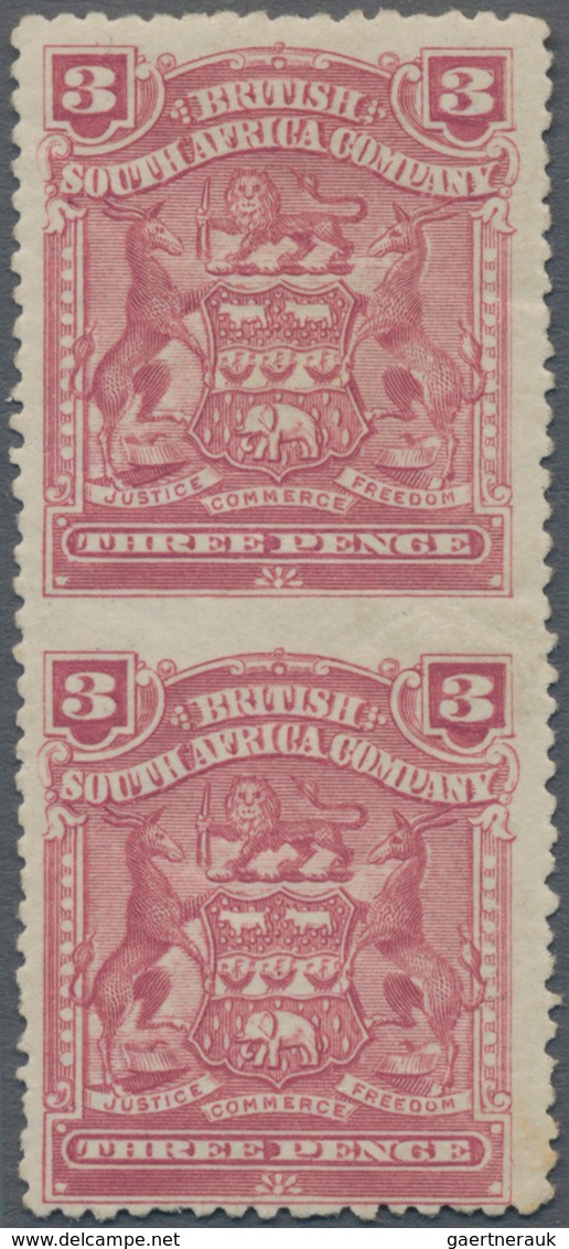 Britische Südafrika-Gesellschaft: 1898-1908 3d. Claret Vertical Pair, Variety IMPERFORATED BETWEEN, - Ohne Zuordnung