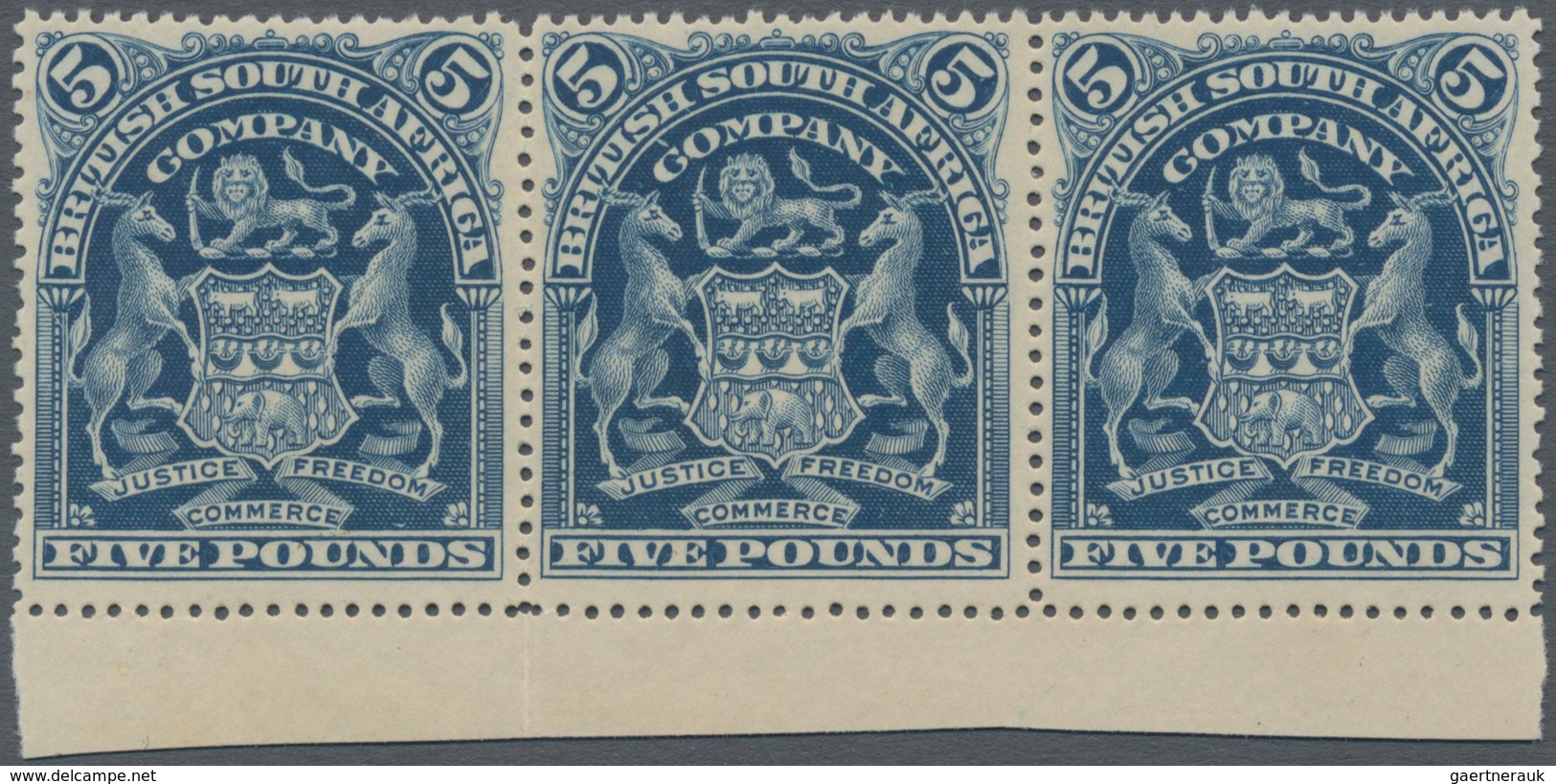 Britische Südafrika-Gesellschaft: 1901, £5 Deep Blue, Bottom Marginal Horizontal Strip Of Three, Unu - Ohne Zuordnung