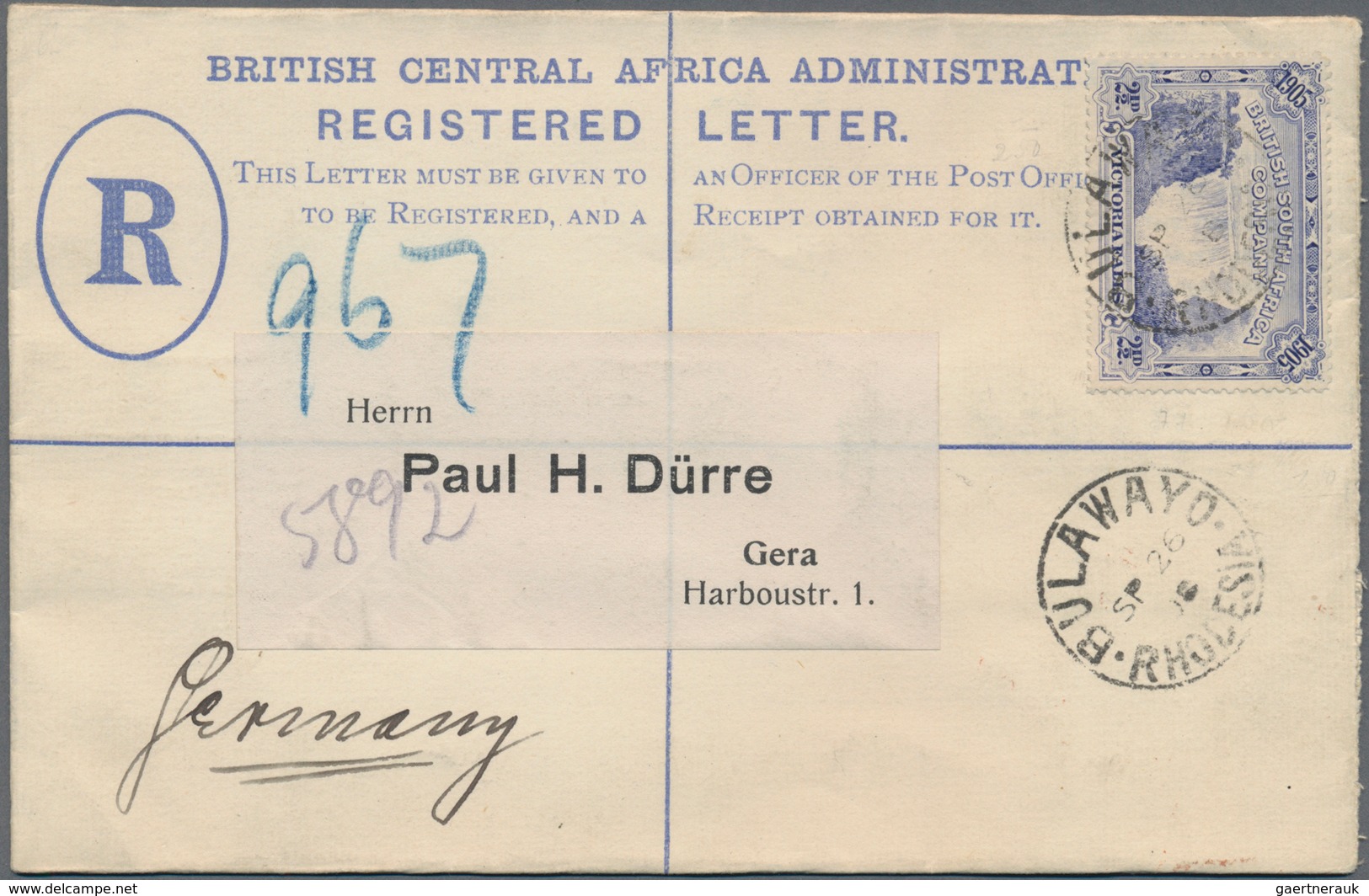 Britische Südafrika-Gesellschaft: 1908 (26.9.), Registered Letter Coat Of Arms 2d. Blue Uprated With - Zonder Classificatie