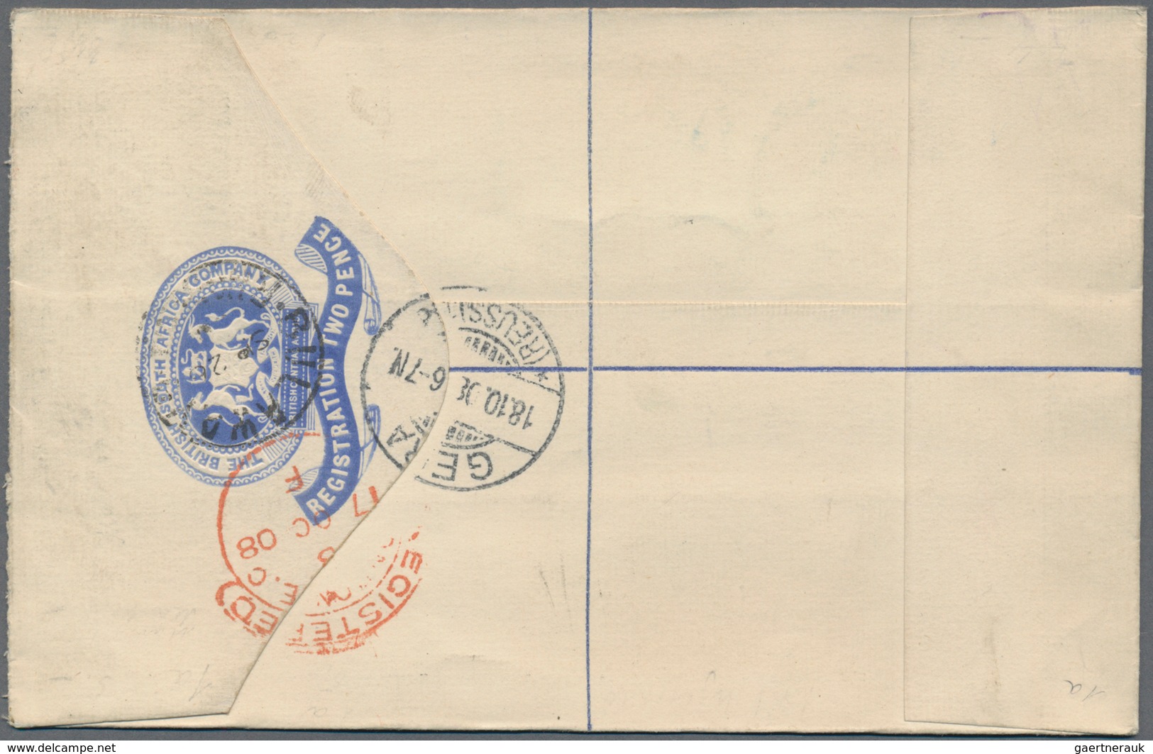 Britische Südafrika-Gesellschaft: 1908 (26.9.), Registered Letter Coat Of Arms 2d. Blue Uprated With - Unclassified