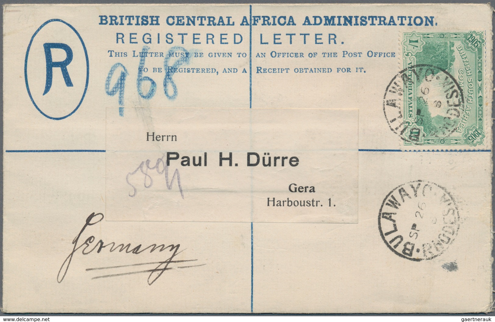 Britische Südafrika-Gesellschaft: 1908 (26.9.), Registered Letter Coat Of Arms 2d. Blue Surch. 'FOUR - Zonder Classificatie