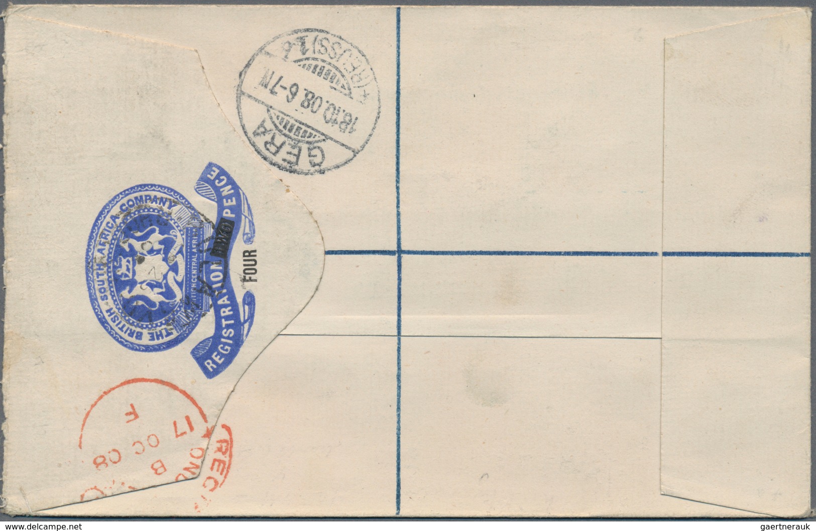 Britische Südafrika-Gesellschaft: 1908 (26.9.), Registered Letter Coat Of Arms 2d. Blue Surch. 'FOUR - Unclassified