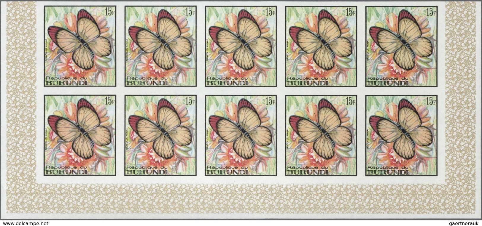 Burundi: 1968, Butterflies Complete Set Of 16 In IMPERFORATE Blocks Of Ten From Lower Margins, Mint - Unused Stamps
