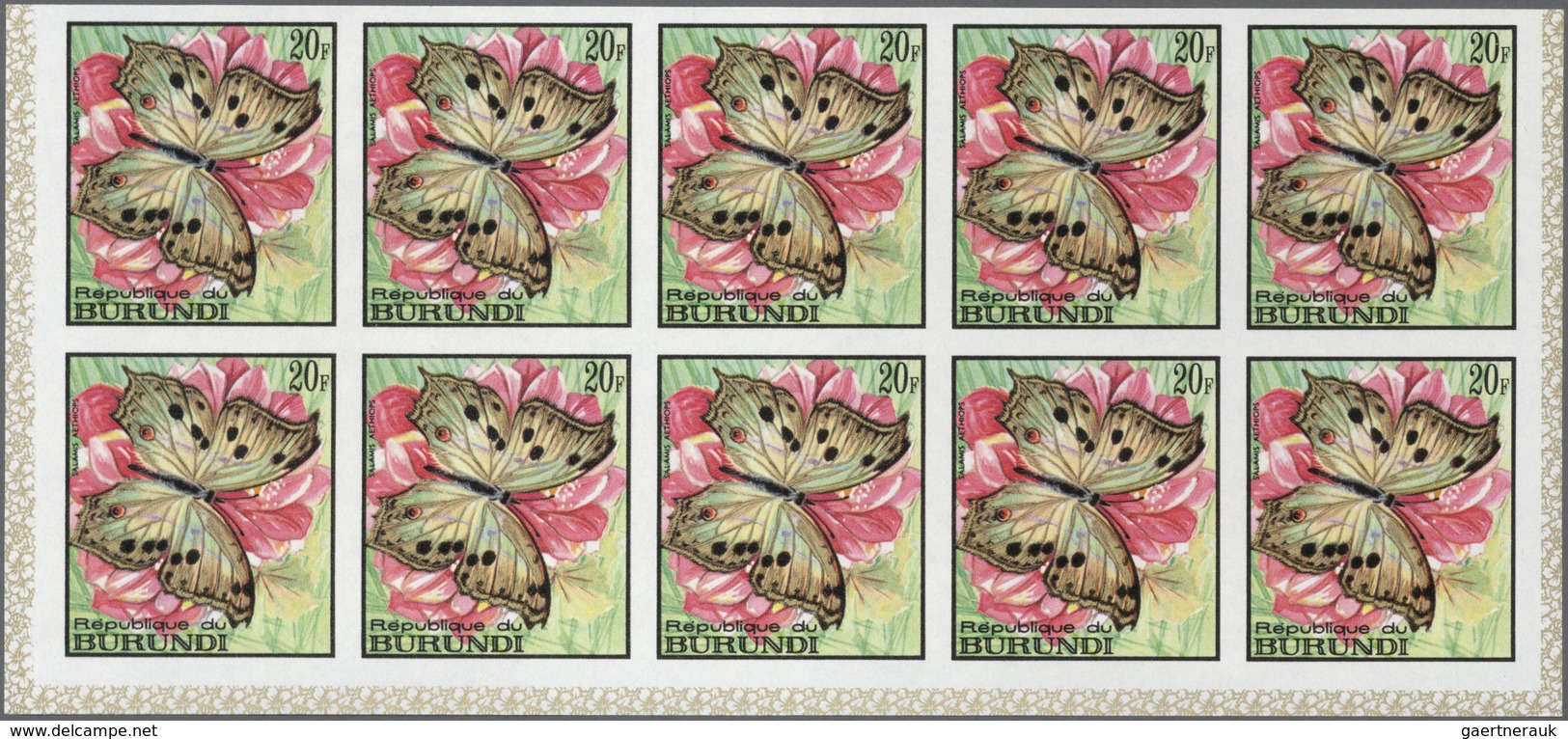Burundi: 1968, Butterflies Complete Set Of 16 In IMPERFORATE Blocks Of Ten From Lower Margins, Mint - Ungebraucht
