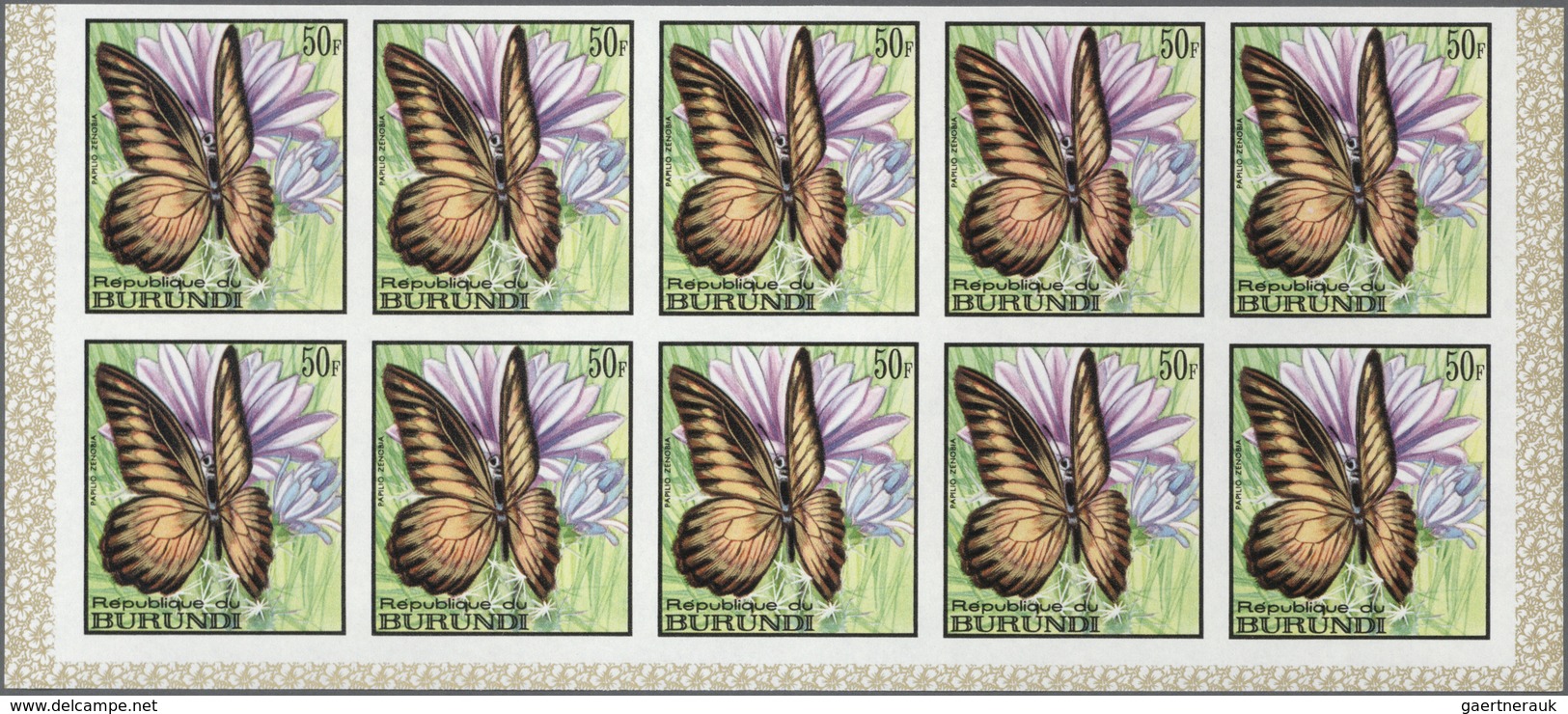 Burundi: 1968, Butterflies complete set of 16 in IMPERFORATE blocks of ten from lower margins, mint