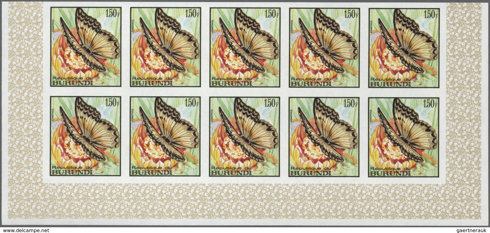 Burundi: 1968, Butterflies complete set of 16 in IMPERFORATE blocks of ten from lower margins, mint