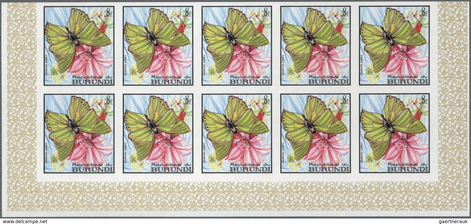 Burundi: 1968, Butterflies complete set of 16 in IMPERFORATE blocks of ten from lower margins, mint