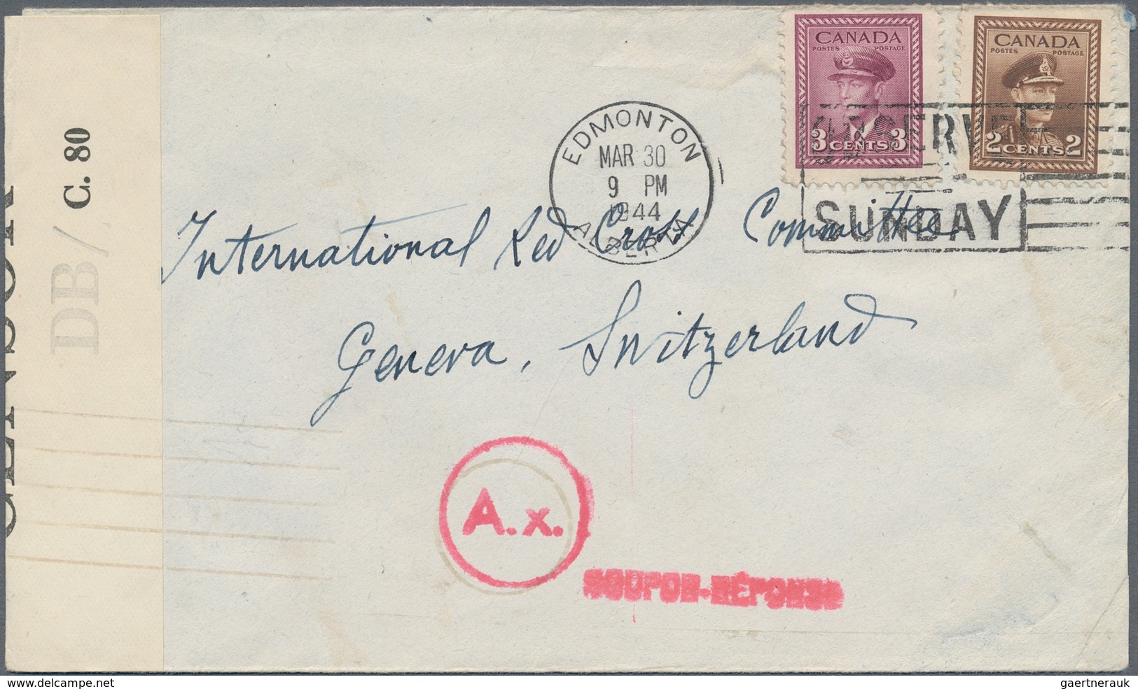 Kanada: 1944, Canada 2c + 3c KGVI War Paying The 5c UPU Rate To Switzerland Tied By „EDMONTON March - Used Stamps
