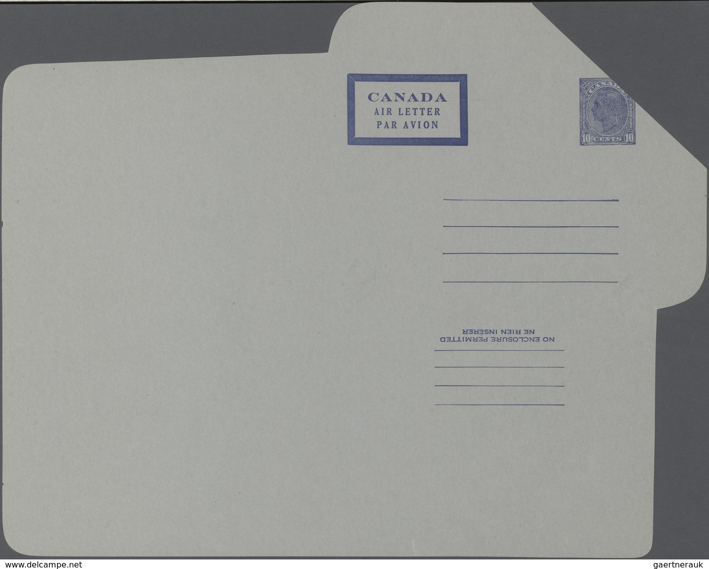 Canada - Ganzsachen: 1948 Unused And Unfolded Aerogram 10 Cents Dark Blue On Grey Paper, Cutting Err - 1903-1954 De Koningen