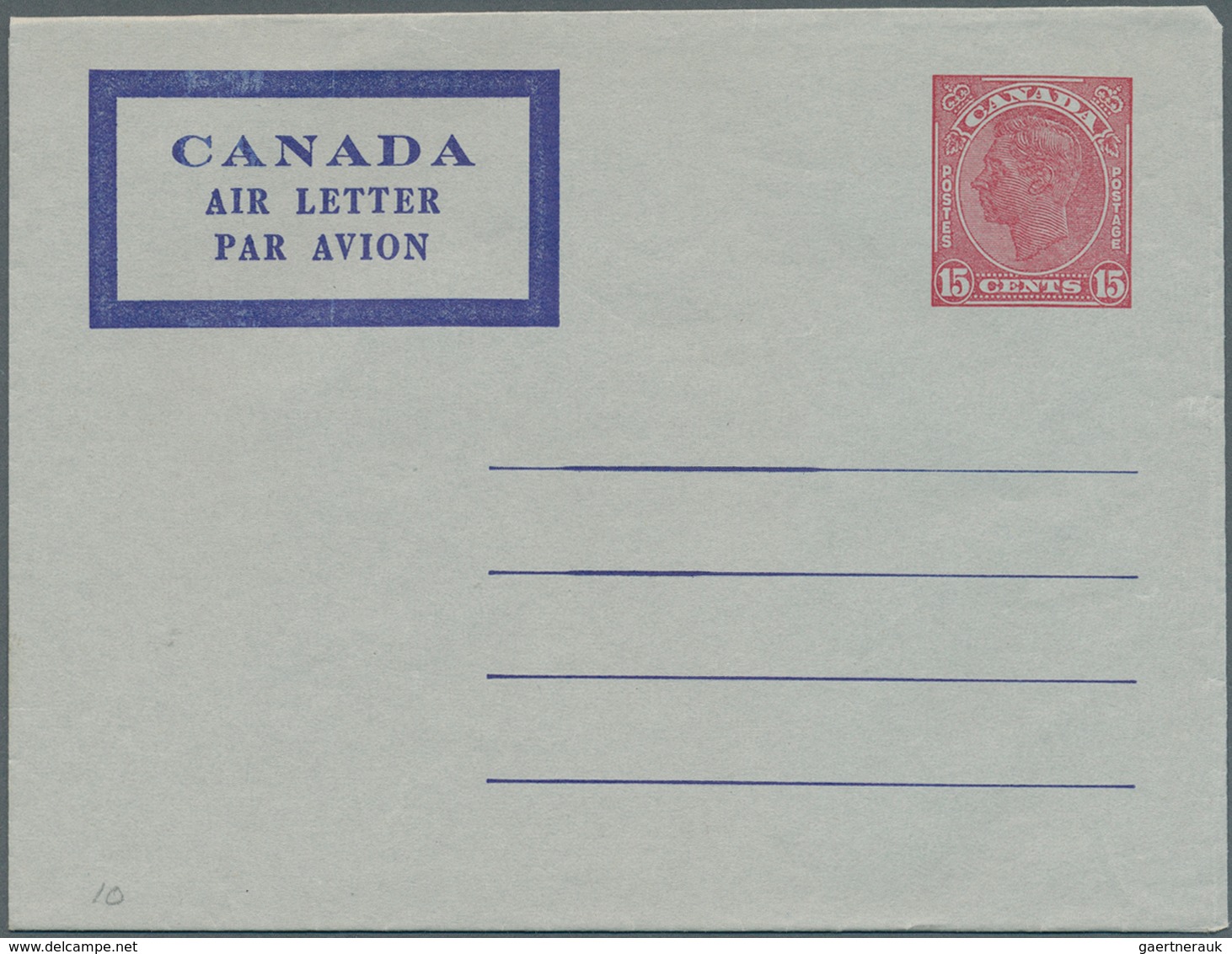Canada - Ganzsachen: 1950 (ca.), Air Letter KGVI 15c. Red With MISSING BLUE PRINTING (inscription An - 1903-1954 De Koningen