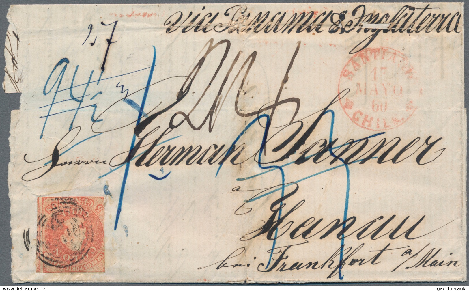 Chile: 1860, 5 C Rose-red, Three Sides Touched, Broad Margin At Right, Tied By Target Handstamp In B - Chili