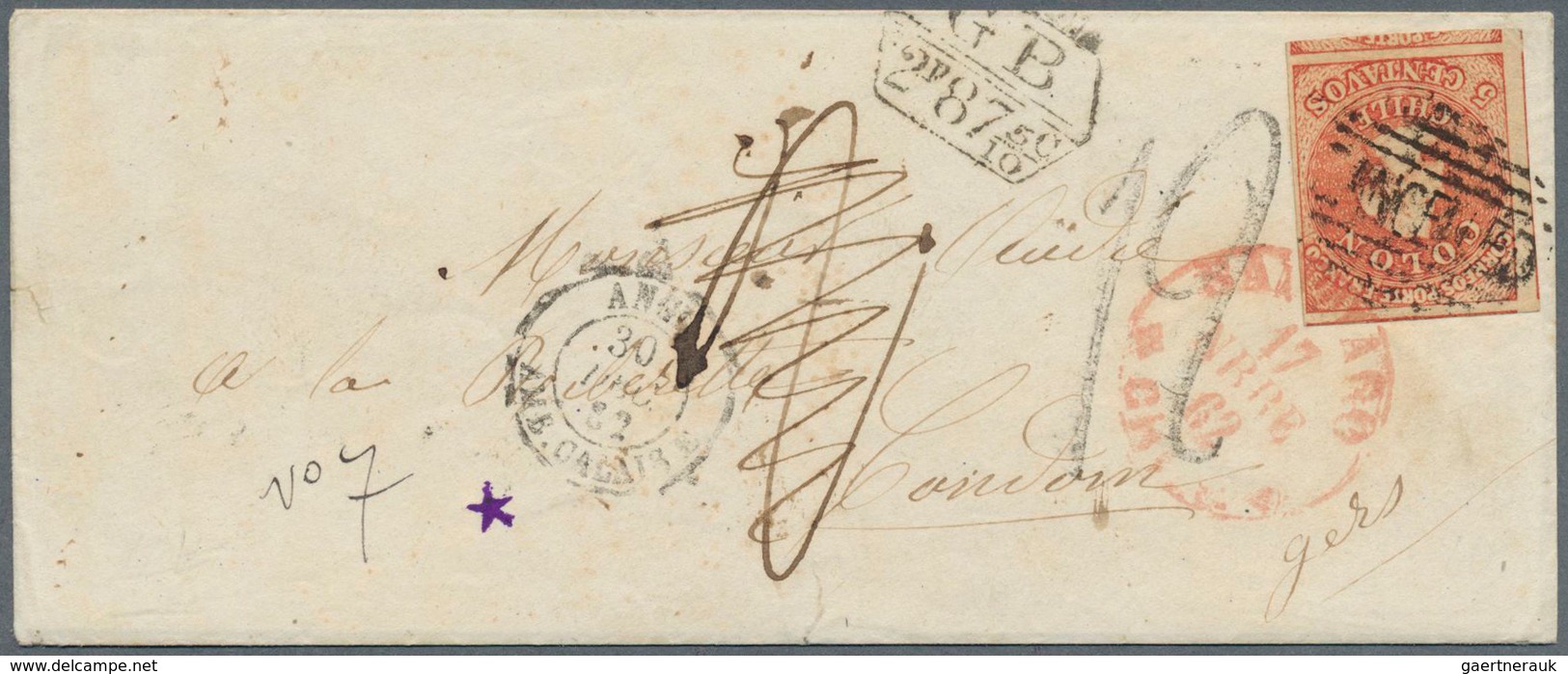 Chile: 1862, Letter To Condom, France Bearing 5c. Brick Red With Huge Margins All Round And Showing - Chile