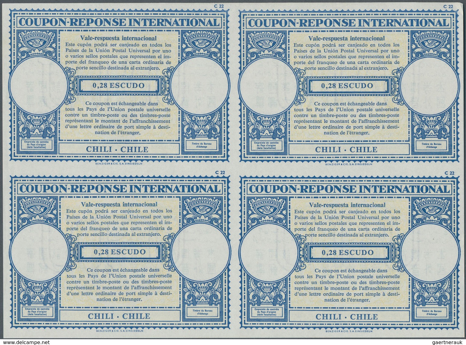 Chile - Ganzsachen: 1963. International Reply Coupon 0,28 Escudo (London Type) In An Unused Block Of - Cile