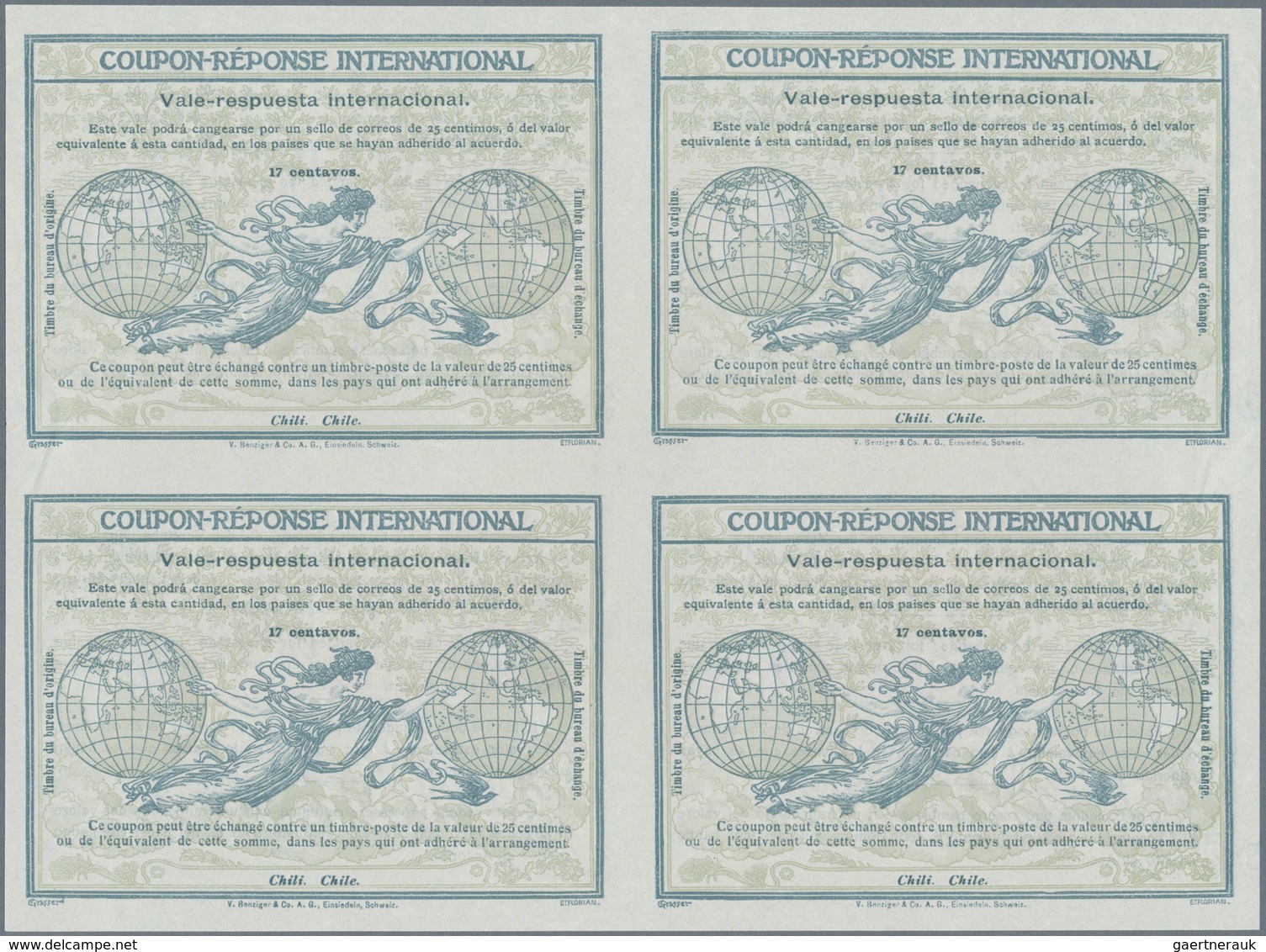 Chile - Ganzsachen: 1907. International Reply Coupon 17 Centavos (Rom Type) In An Unused Block Of 4. - Chili