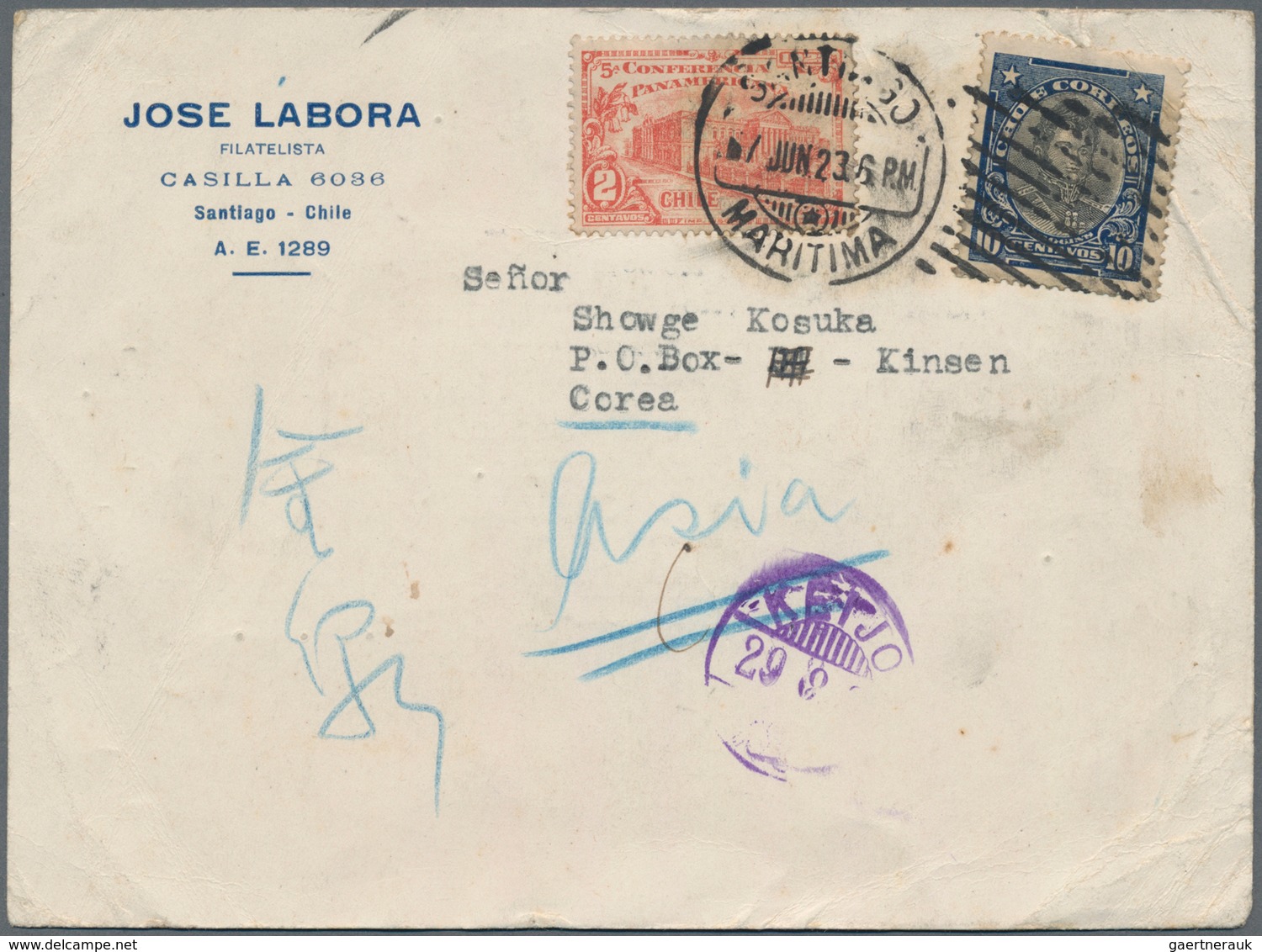 Chile - Besonderheiten: 1923/28, To Korea: Franked Card From Santiago With Transit "KEIJO" And Two C - Chile