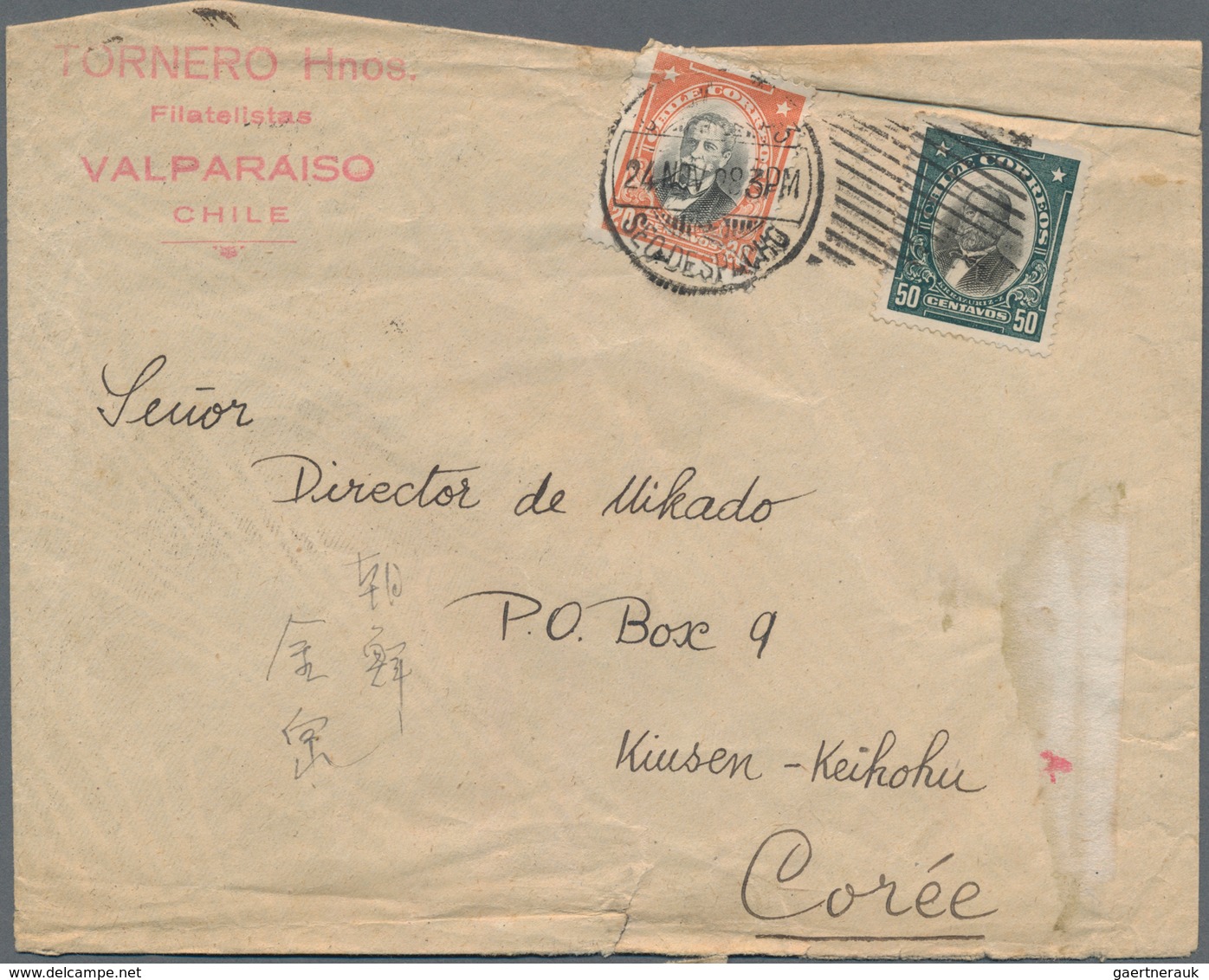 Chile - Besonderheiten: 1923/28, To Korea: Franked Card From Santiago With Transit "KEIJO" And Two C - Chile