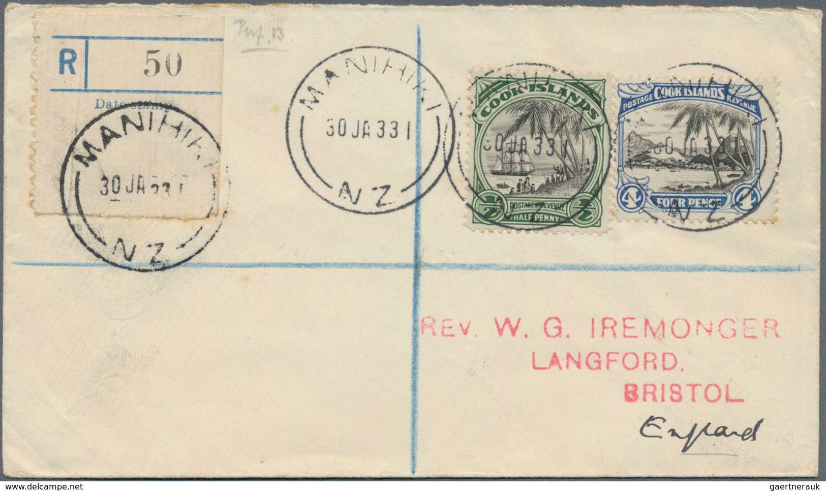 Cook-Inseln: 1930/1931, Two Registered Covers From MANIHIKI-Islands With Different Cancels To Great - Cookeilanden