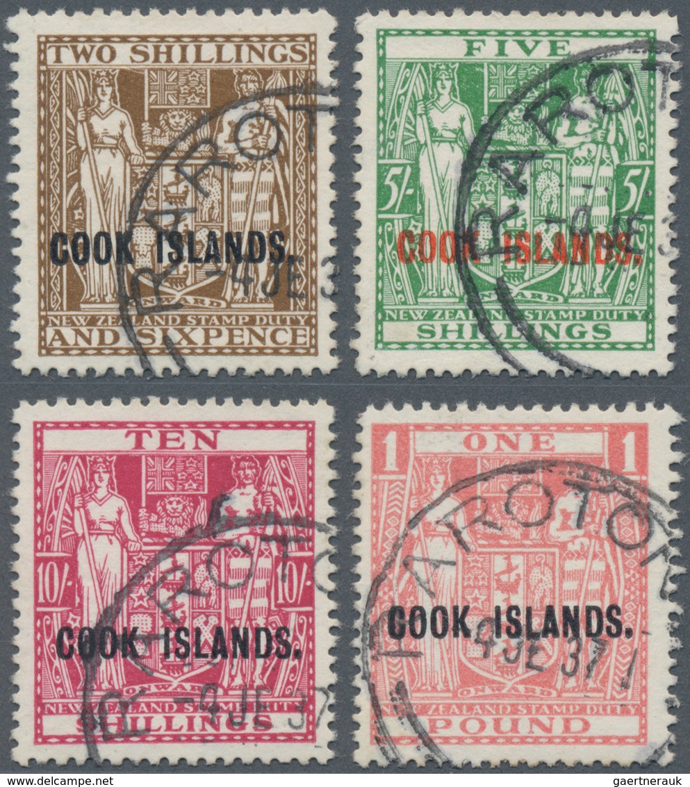 Cook-Inseln: 1936-44 Set Of Four New Zealand Postal Fiscals Optd. "COOK ISLANDS.", On Thick Cowan Pa - Cookinseln