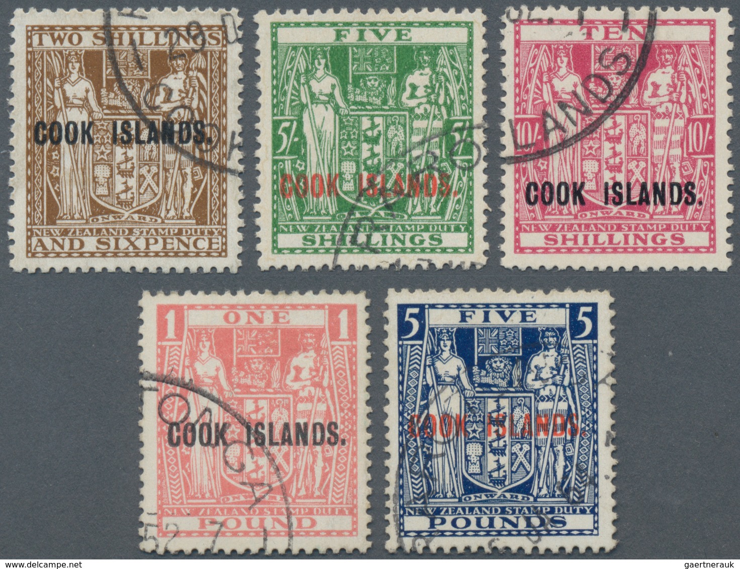 Cook-Inseln: 1943-54 Set Of Five New Zealand Postal Fiscals Optd. "COOK ISLANDS.", Wmk Mult 'NZ Abov - Cookeilanden